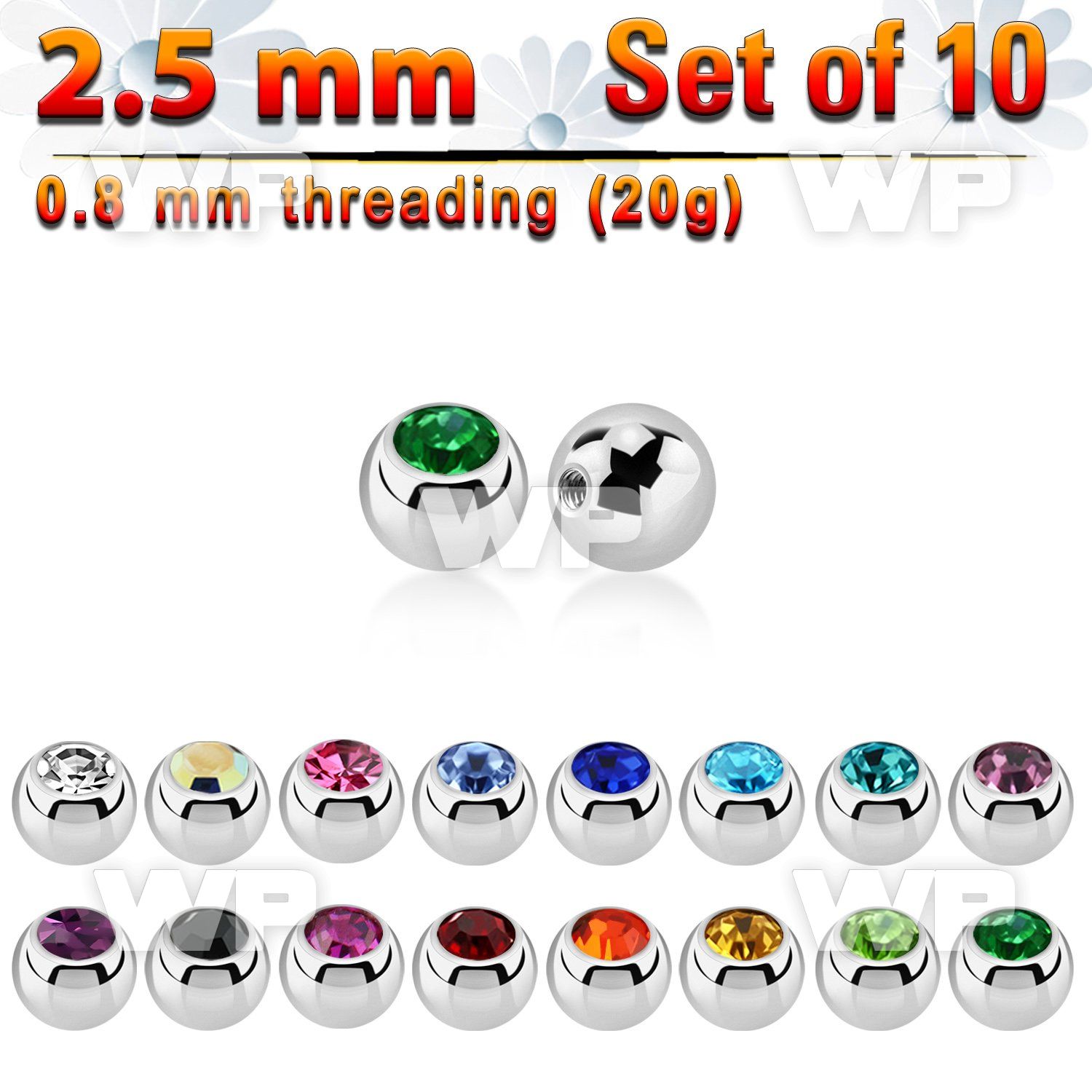 10 2.5mm 316l steel balls w crystals w 0.8mm threading