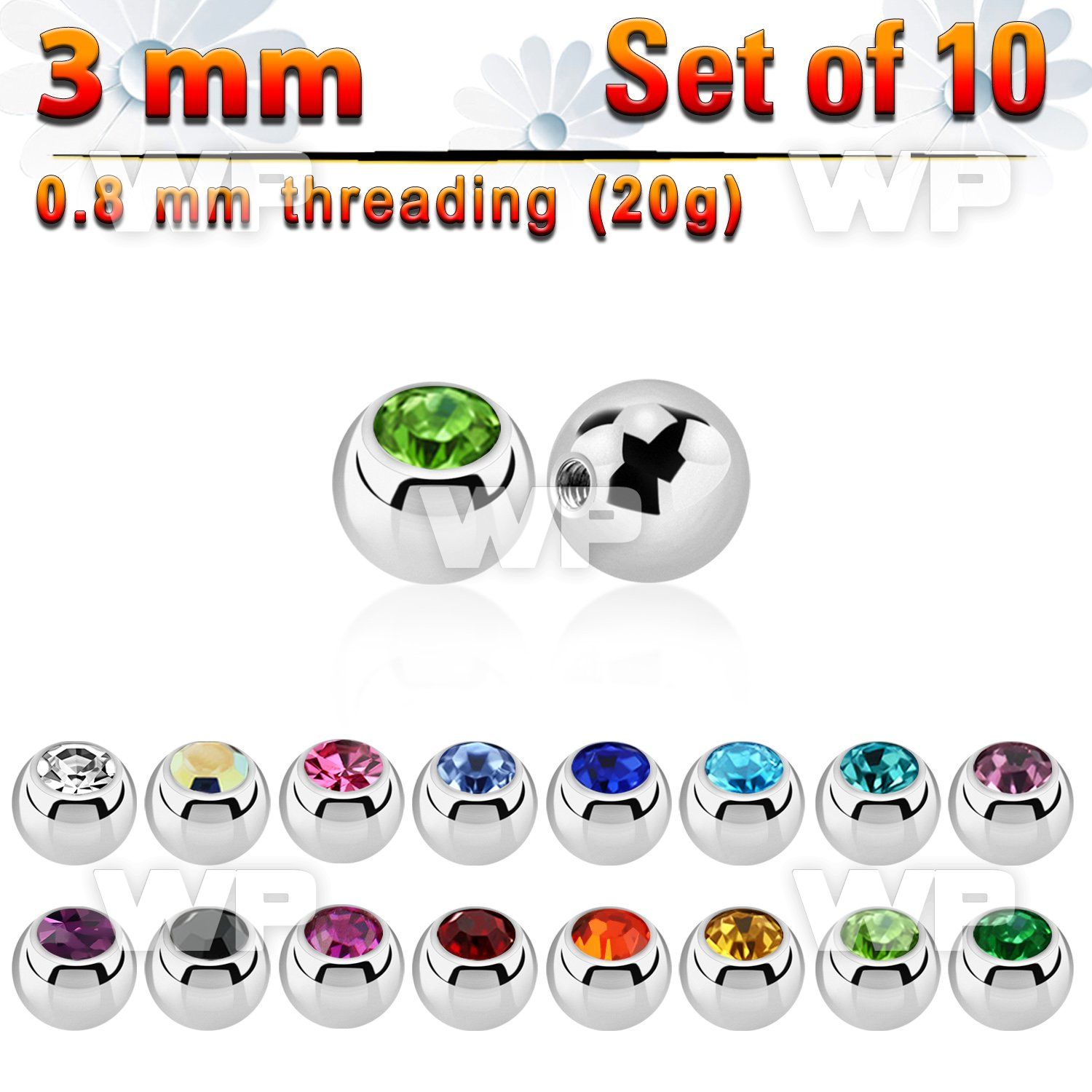 10 3mm 316l steel balls w crystals w 0.8mm threading