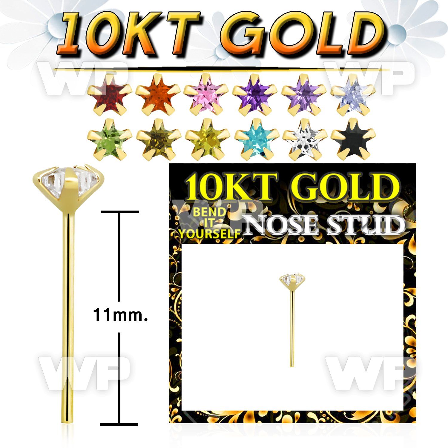 10kt gold bend it nose stud with 3mm star prong set cz