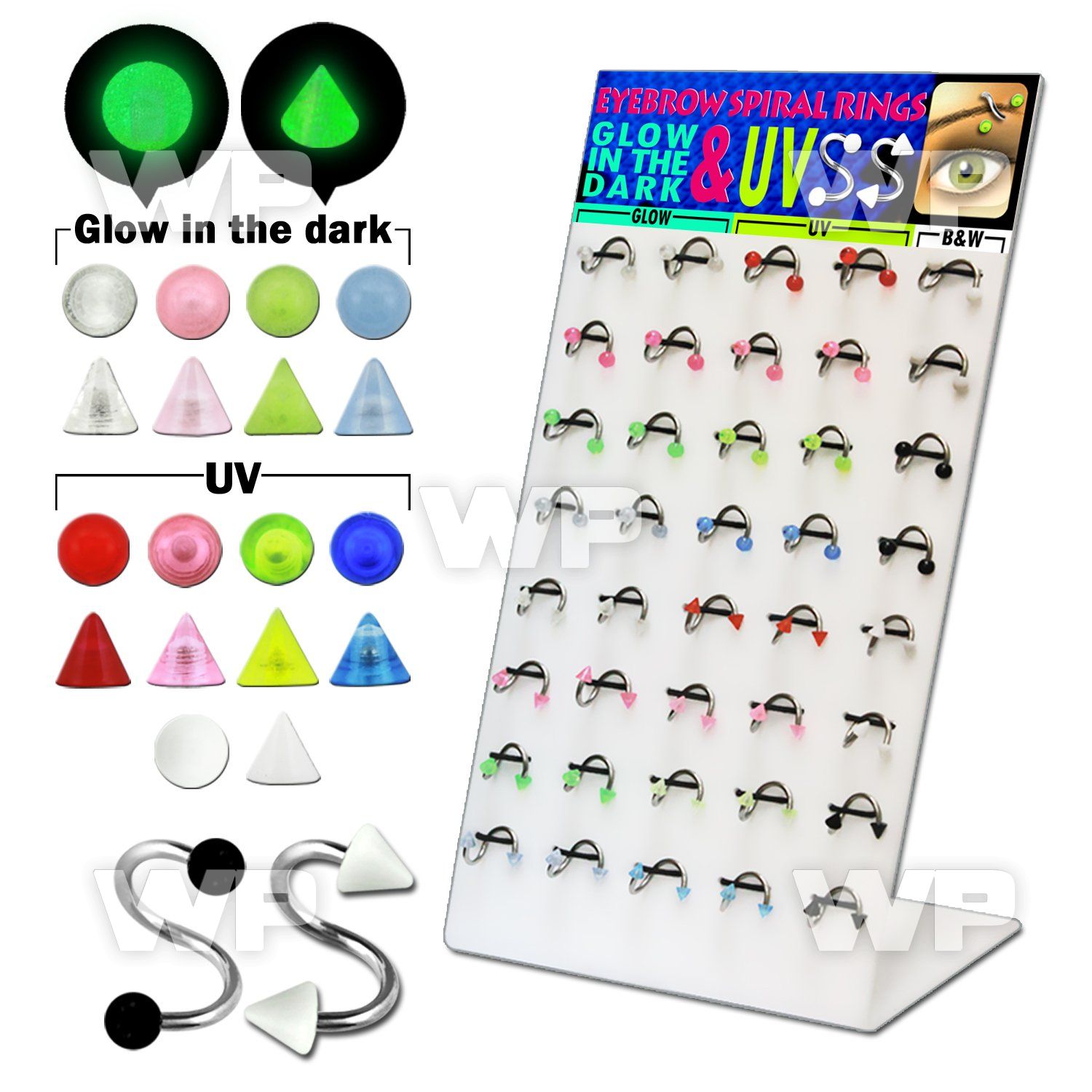 14cjf0 display w of surgical steel spirals 1 2mm uv or glow in eyebrow piercing
