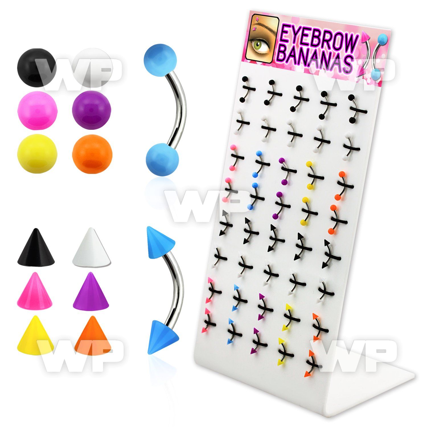 14cjfee display w surgical steel micro bananas 1 2mm 3mm balls eyebrow piercing