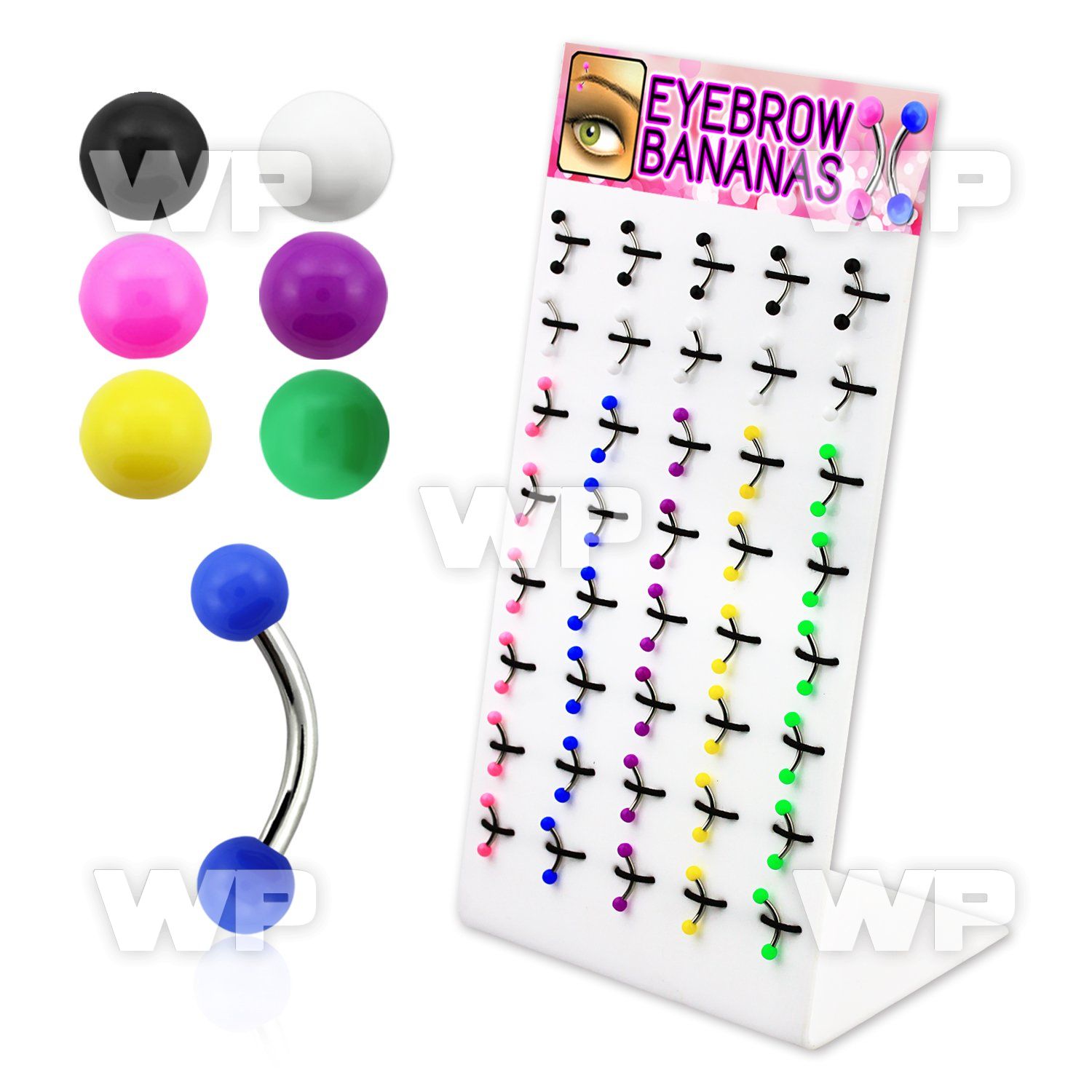 14cjfep display w surgical steel micro bananas 1 2mm 3mm ballsin eyebrow piercing