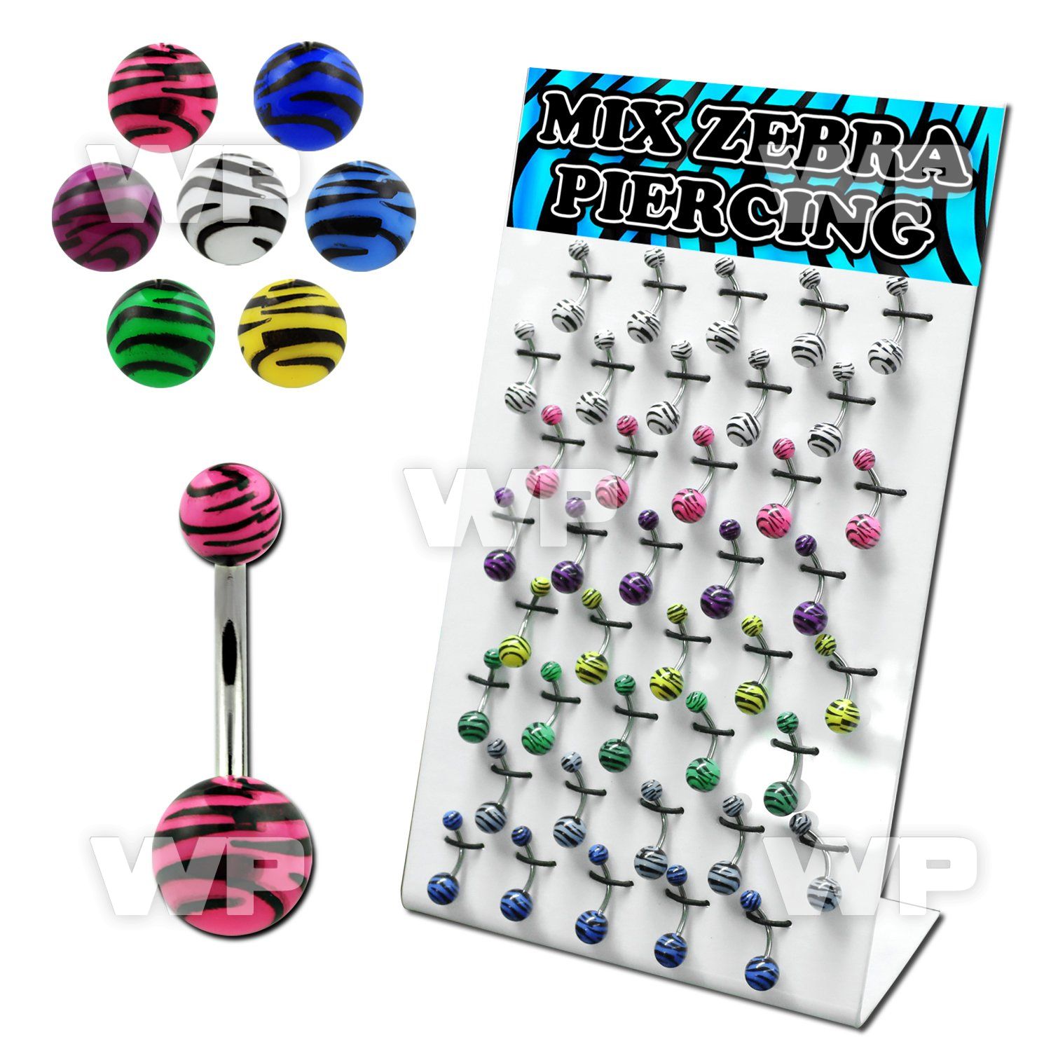 14u1fc display w steel belly ring acrylic zebra striped balls belly piercing