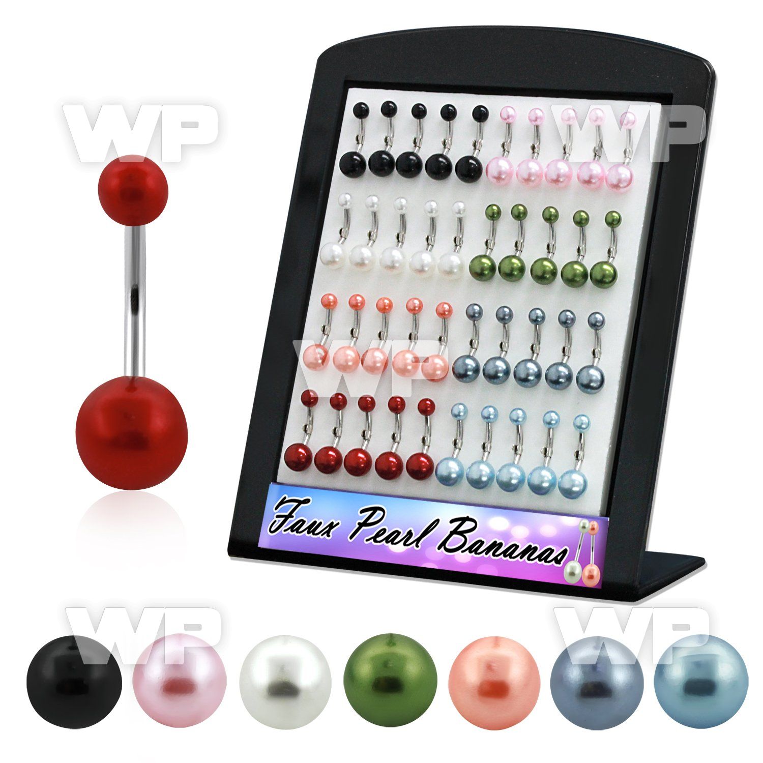 14uma4 display w of steel belly ring faux pearl ballssized 5mm belly piercing