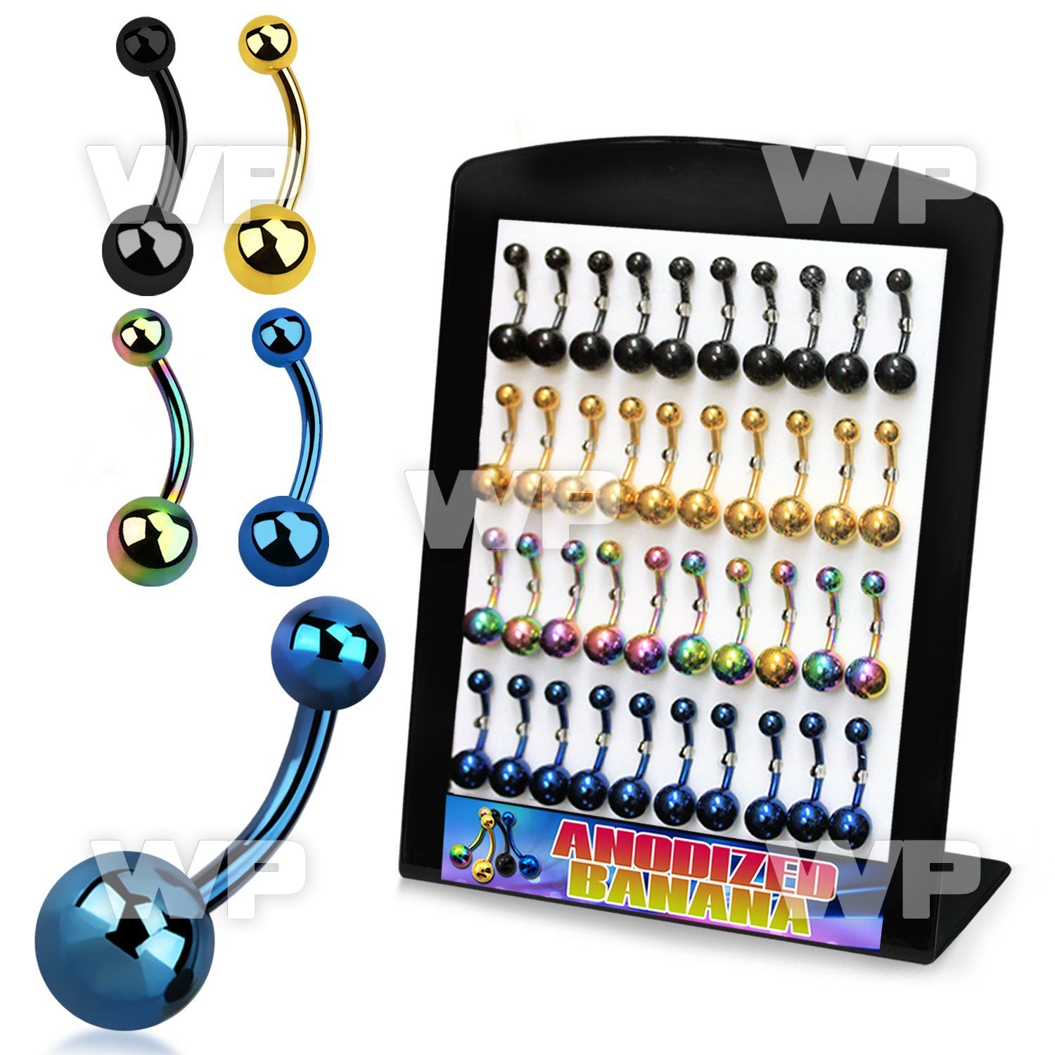 14uri display w of ion plated steel belly bananas 1 6mm 5 8mm belly piercing
