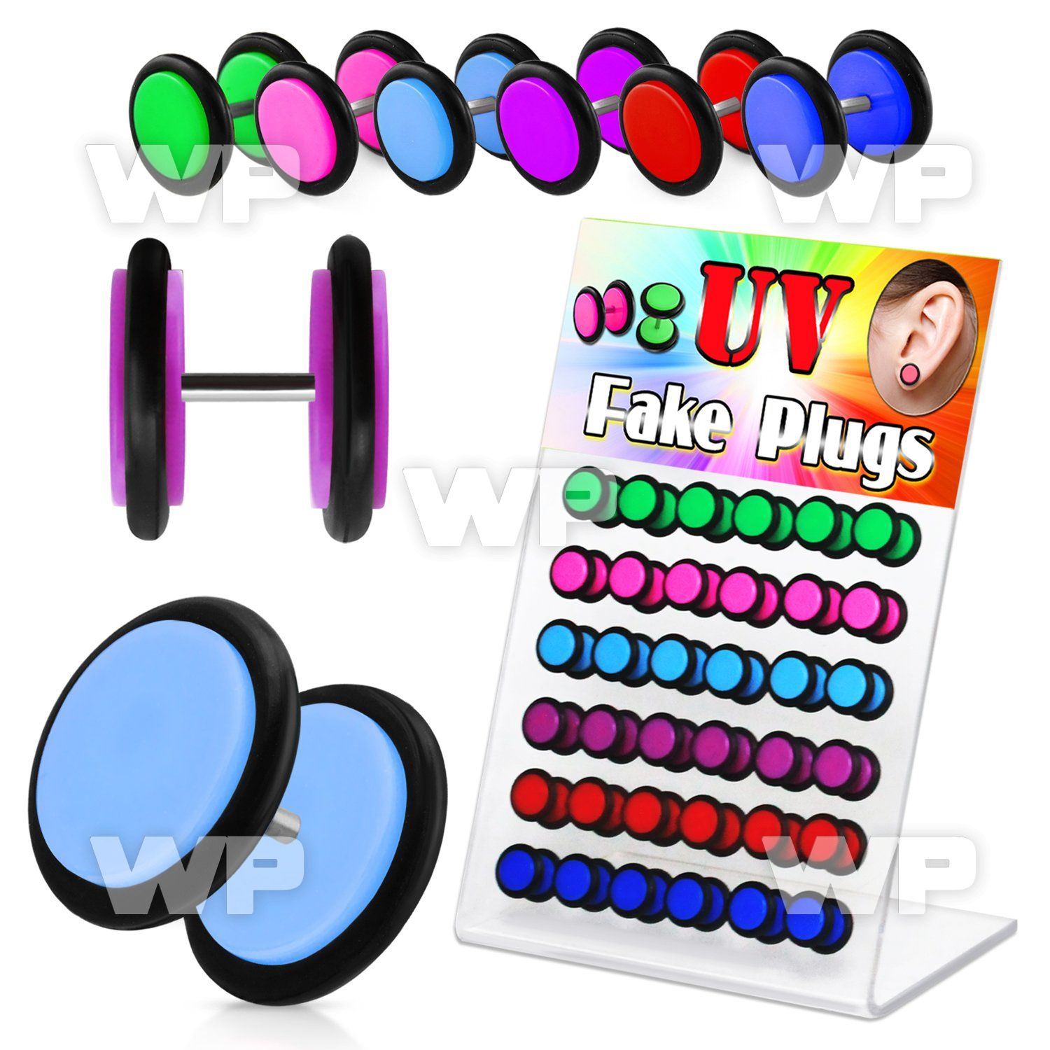 17640p display w acrylic uv fake cheater plugs o ring s in mixed belly piercing