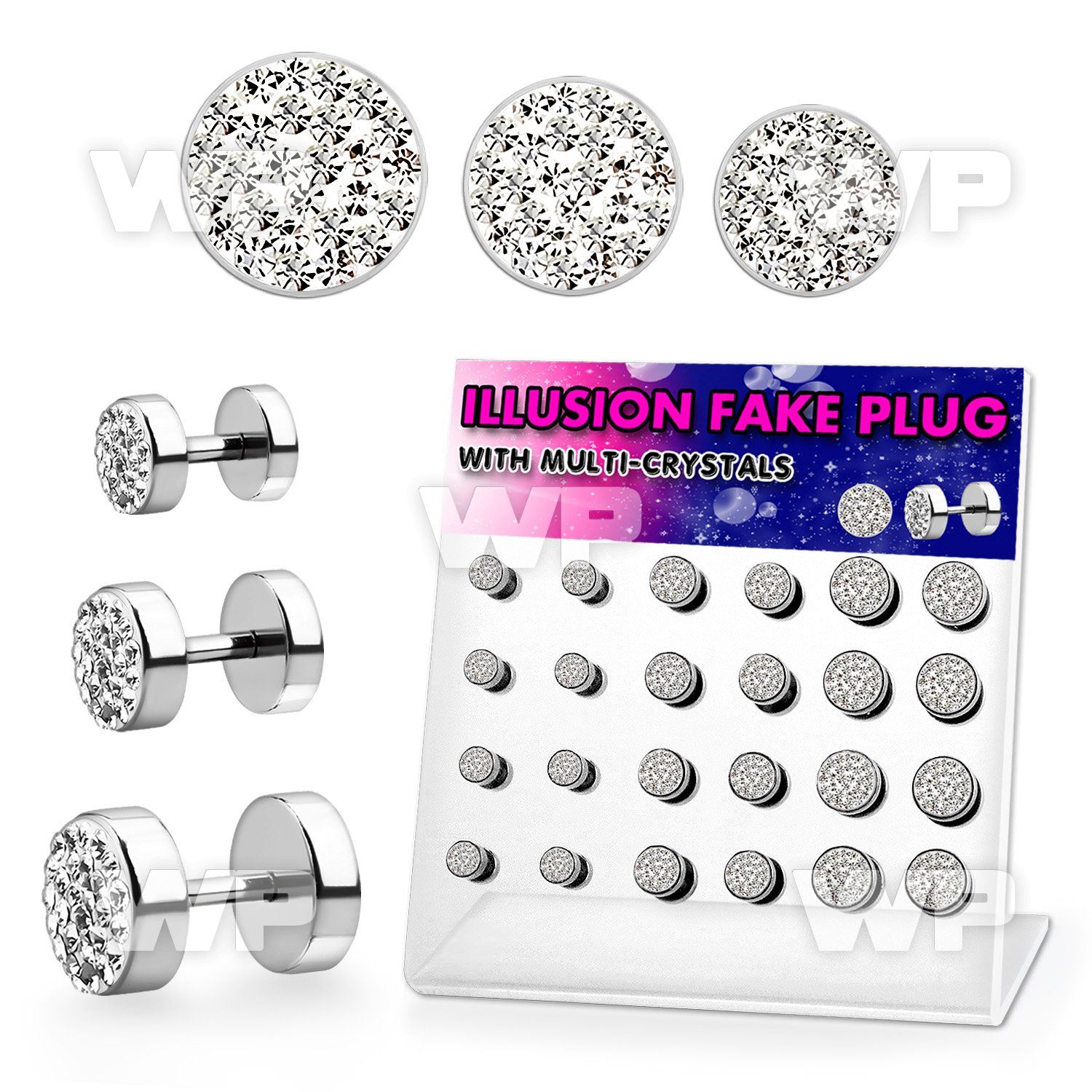17640y display w 24 multi crystal steel fake plugs