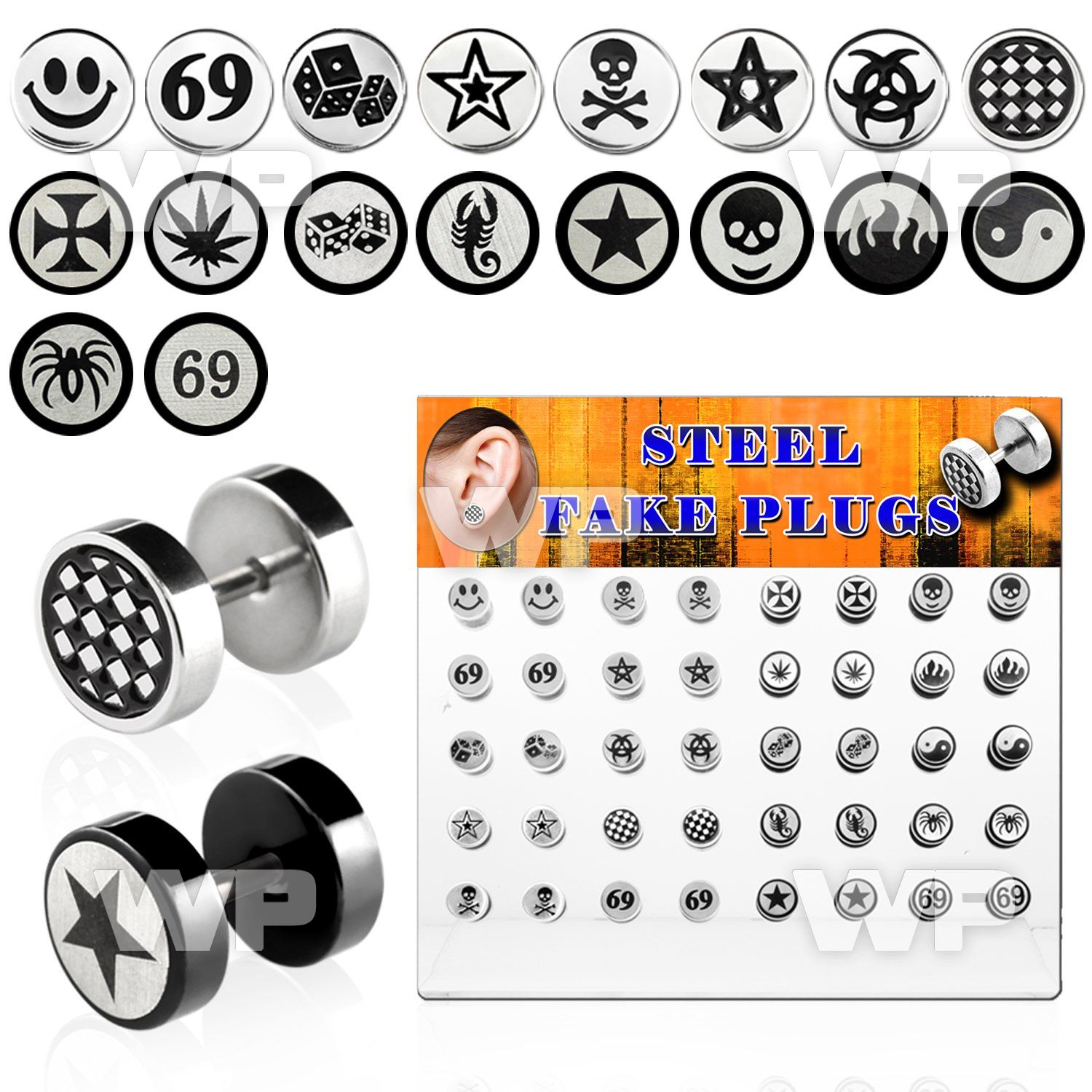 17640z display w of black ion plated steel fake plugs assorted belly piercing