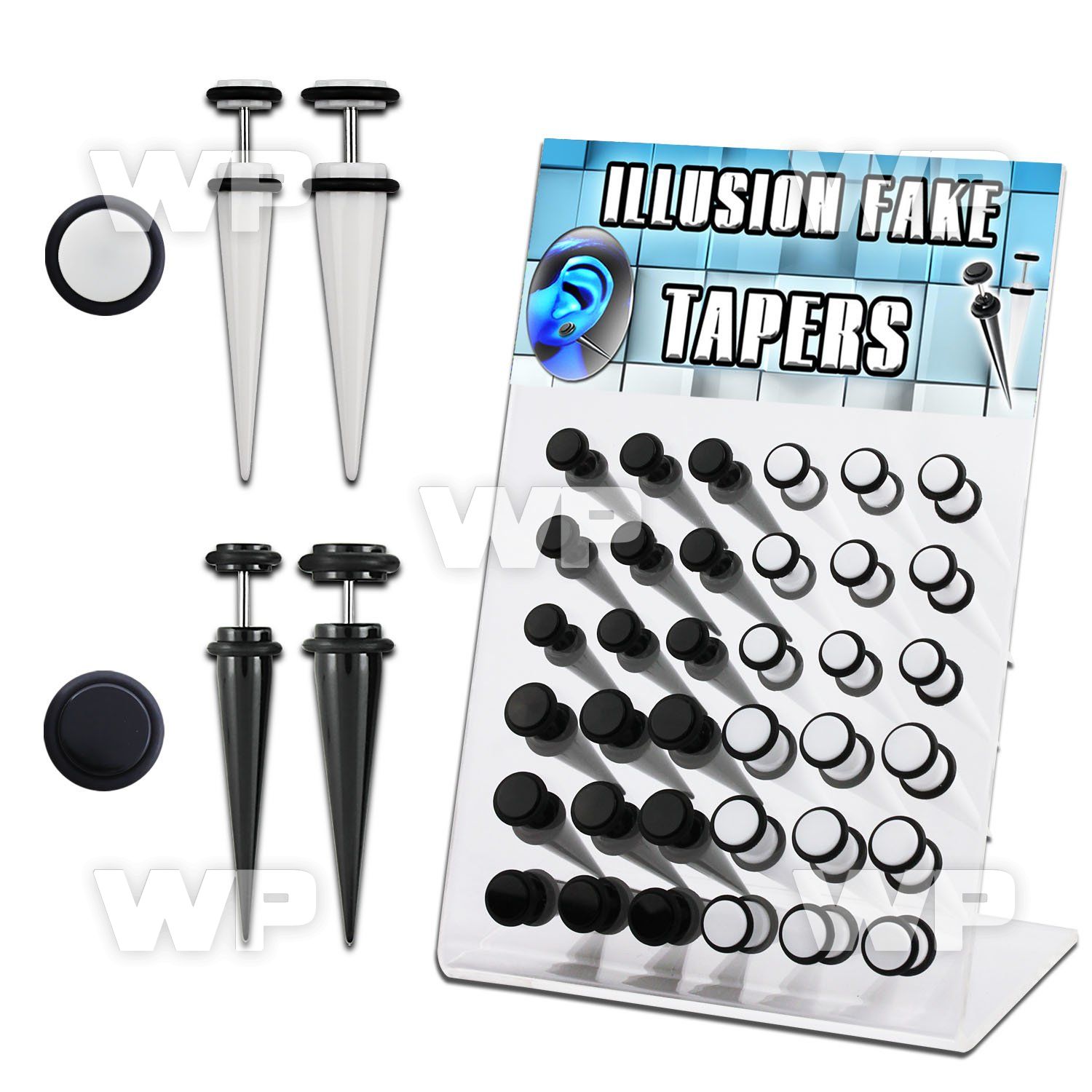 1764eey display board 36 pcs of acrylic fake tapers in white belly piercing