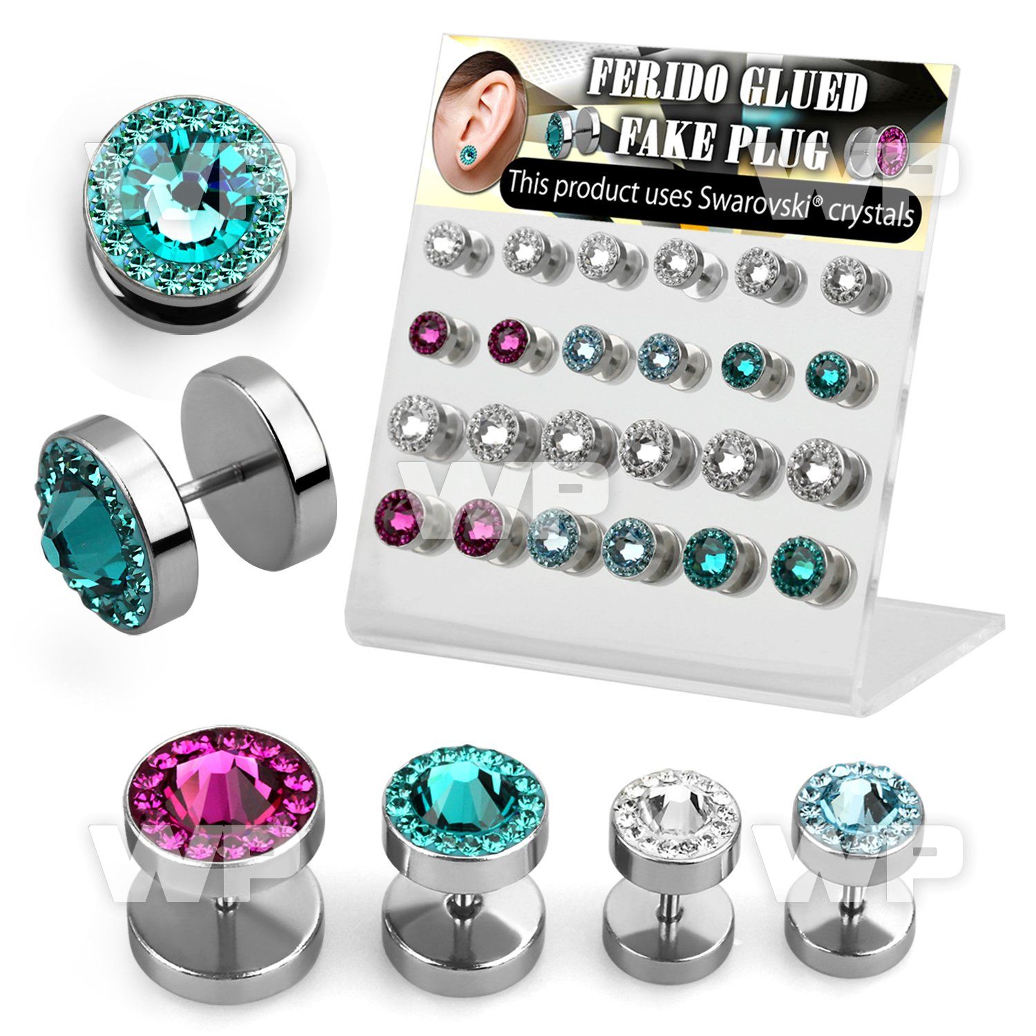 1764ekk display w steel fake cheater plug big ferido glued swarov ear lobe piercing