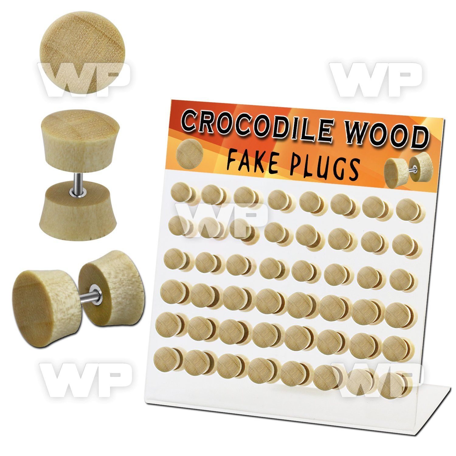 1764el9 display with crocodile wood fake cheater plugs surgical ear lobe piercing