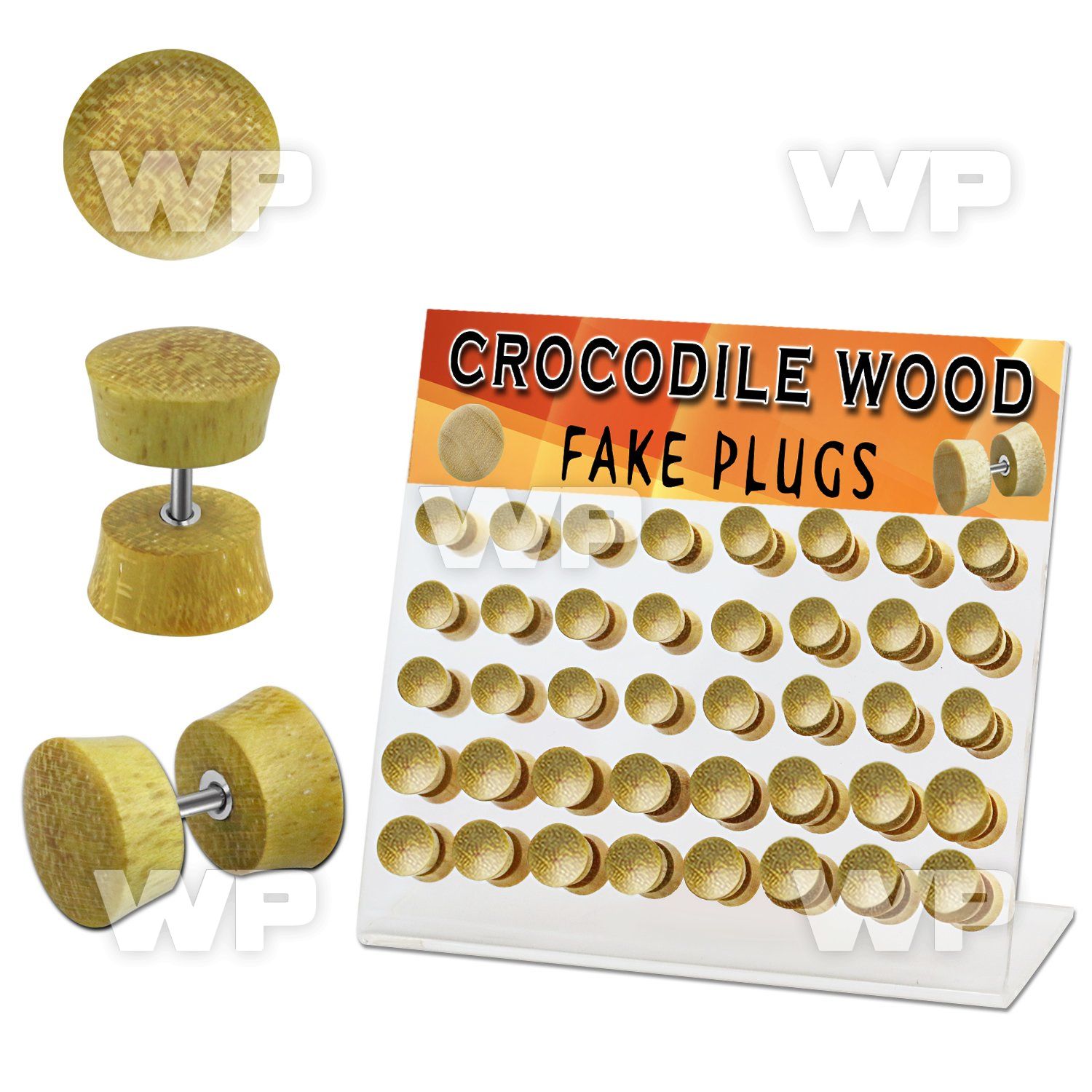 1764ell display w of jackfruit wood fake cheater plugs surgical ear lobe piercing