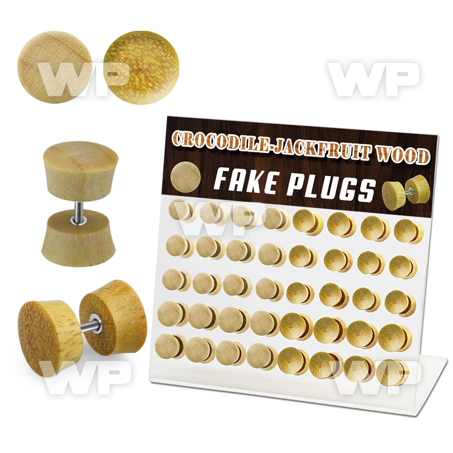1764elt display w of crocodile jackfruit wood fake cheater plug ear lobe piercing