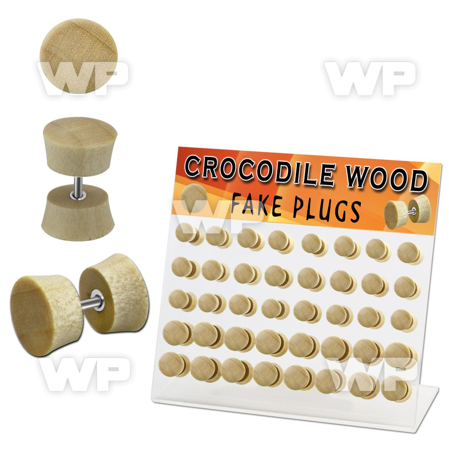 1764ely display w of crocodile wood fake cheater plugs surgical ear lobe piercing