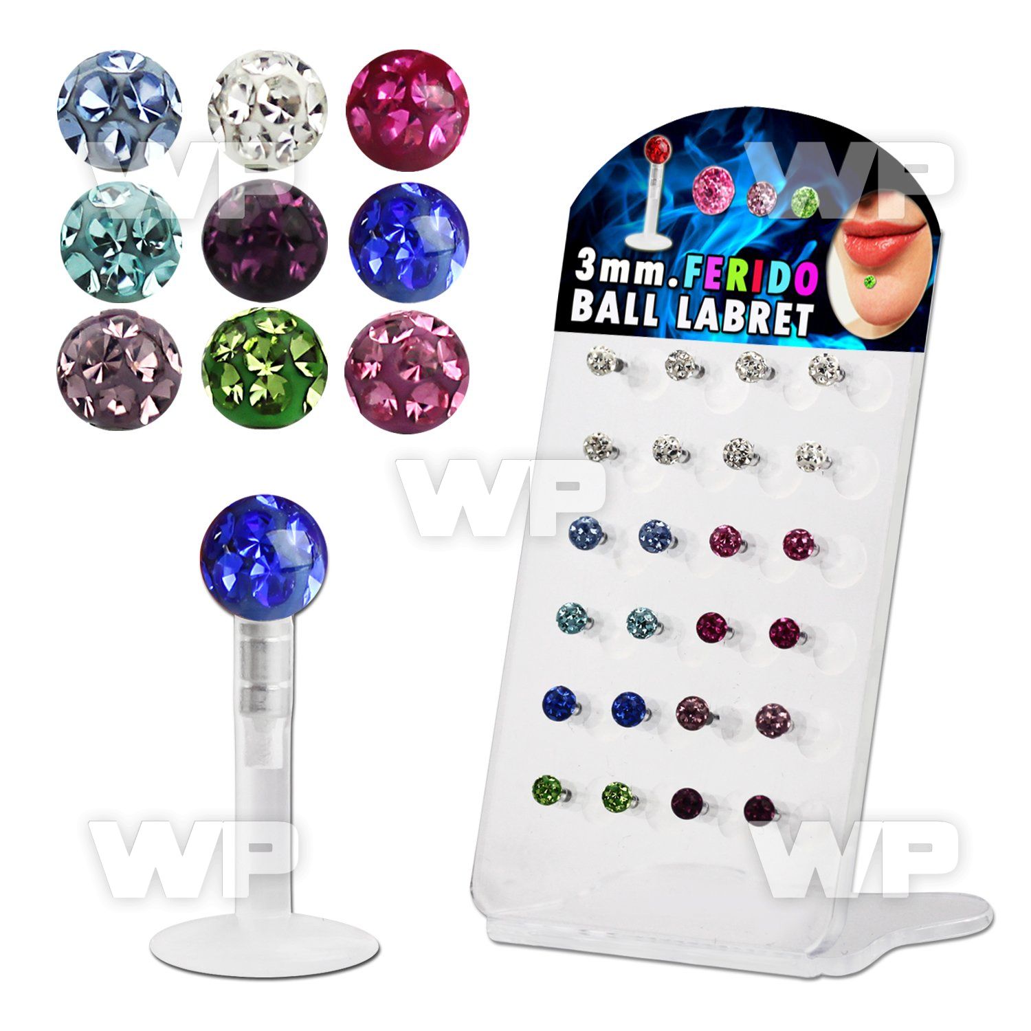 1764epl display w bio flex labret 1 2mm push in 3mm multi crysta lower lip piercing