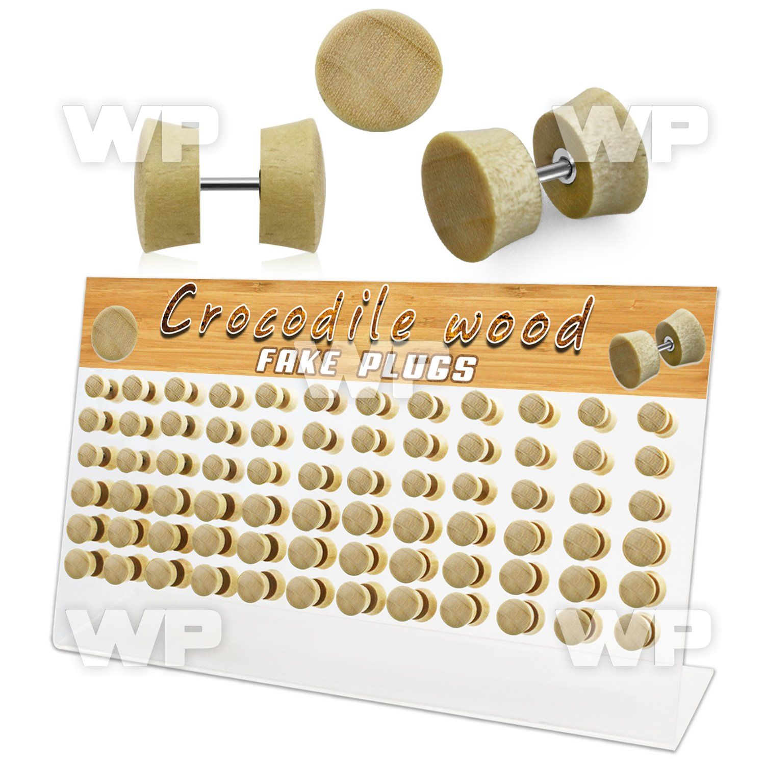 1764ete display w of crocodile wood fake cheater plugs surgical ear lobe piercing