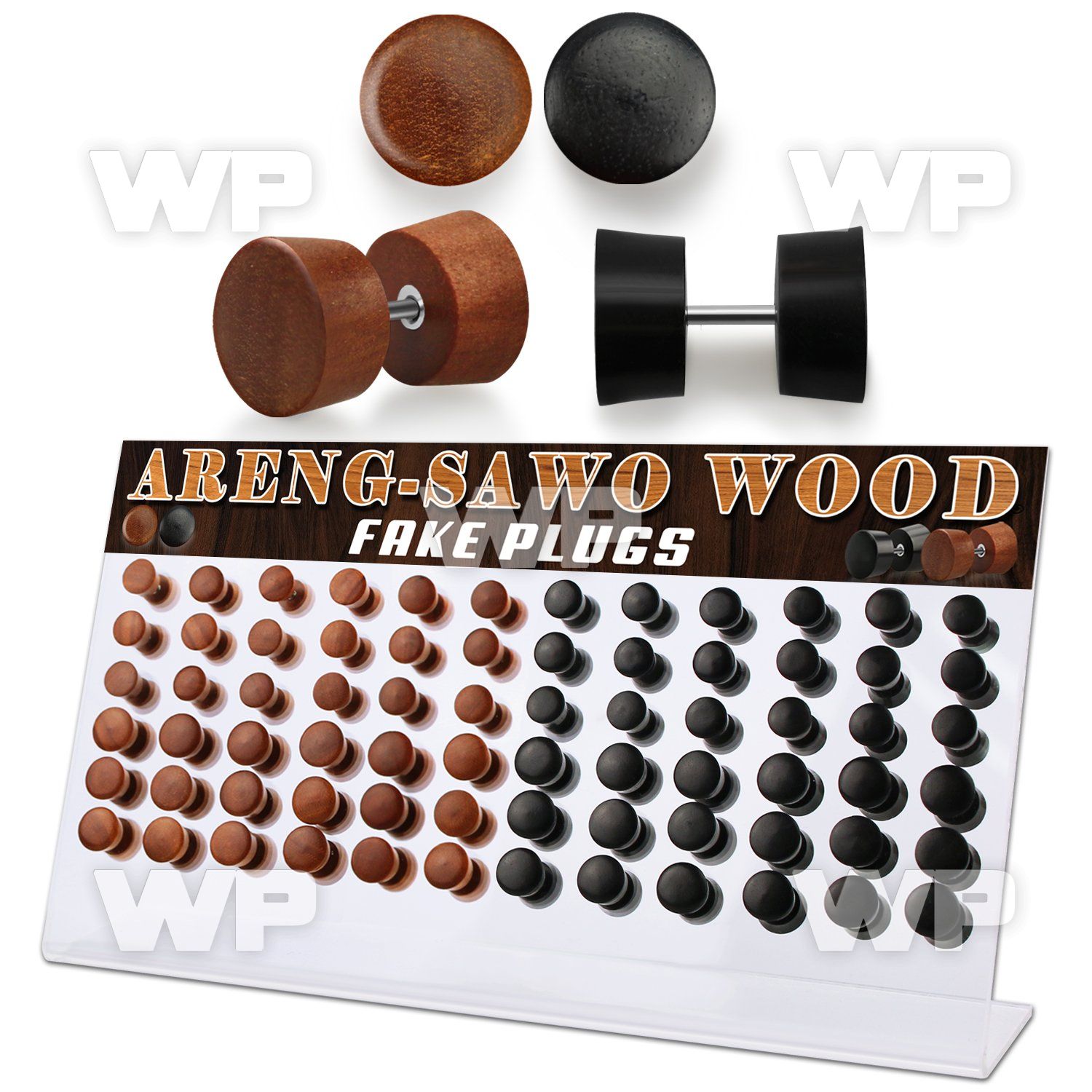 1764eyt display w of fake black areng sawo wood plugs surgical ear lobe piercing