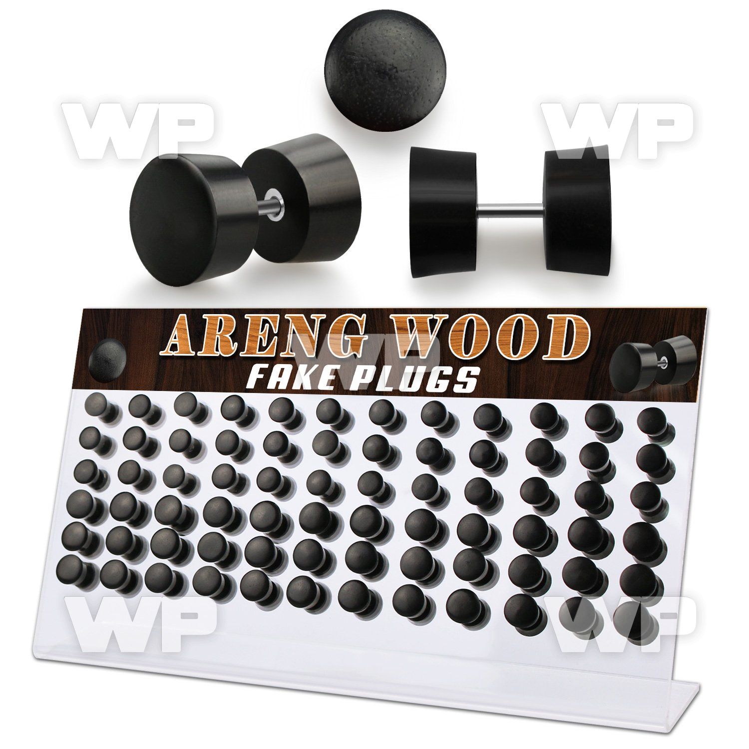 1764eyy display w of black areng wood fake plugs surgical steel ear lobe piercing