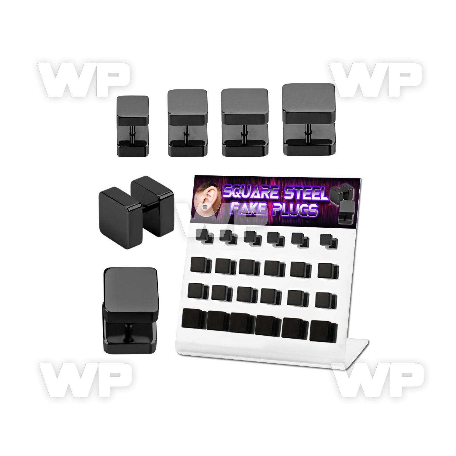1764eze display w of black steel fake plug square sides size 6mm ear lobe piercing