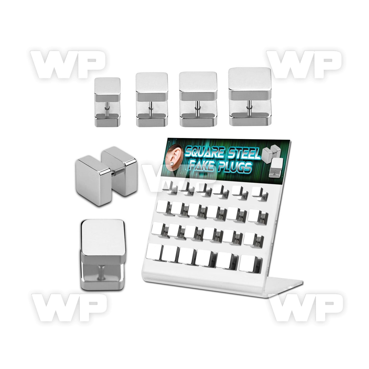 1764ezp display w of steel fake plug square sides size 6mm to 10m ear lobe piercing