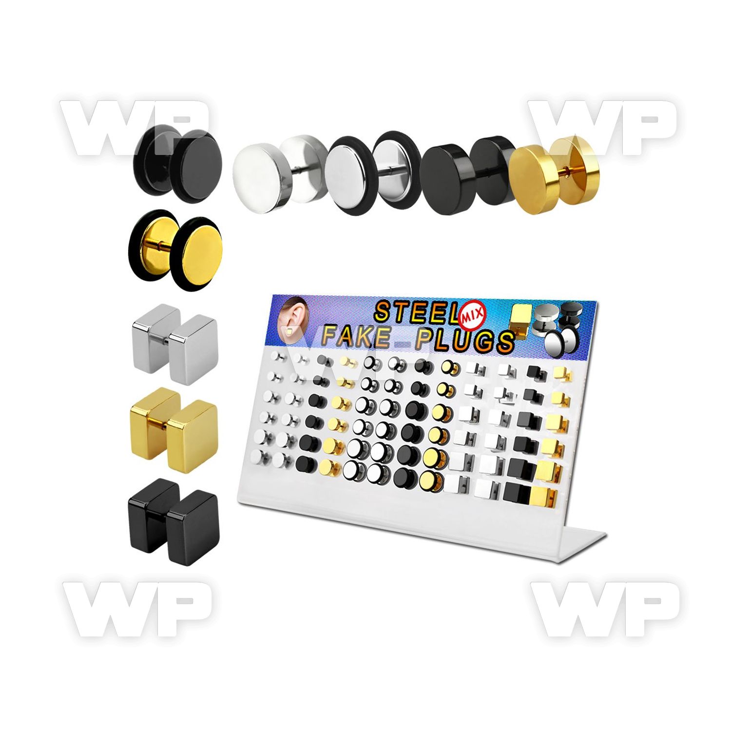 1764ezz display 72 pcs of gold black steel fake plug round ear lobe piercing