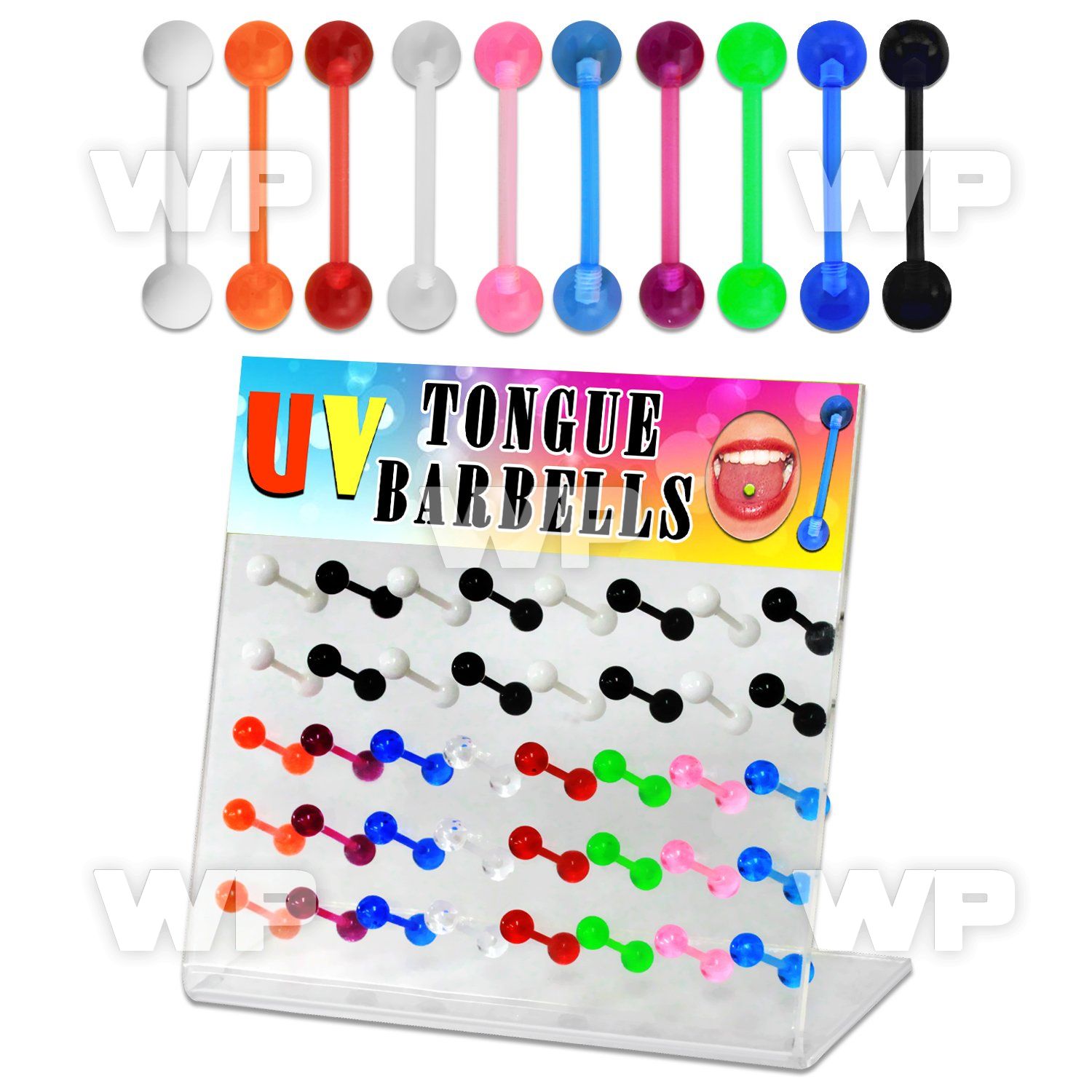 1764s0 display w of flexible acrylic tongue bars 1 6mm 6mm acry tongue piercing