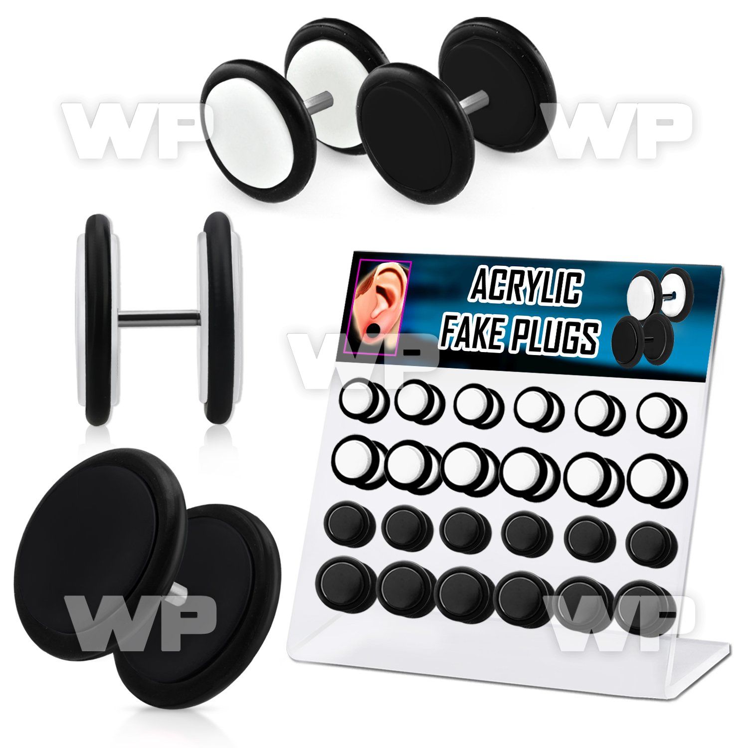 1764se display w black white acrylic fake cheater plugs o ring belly piercing