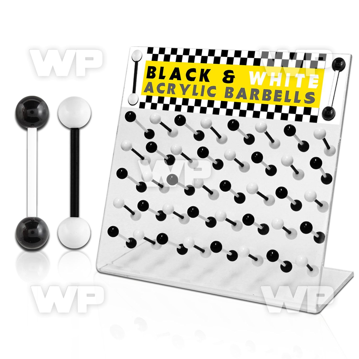 1764sz display w of black white flexible acrylic tongue bars tongue piercing