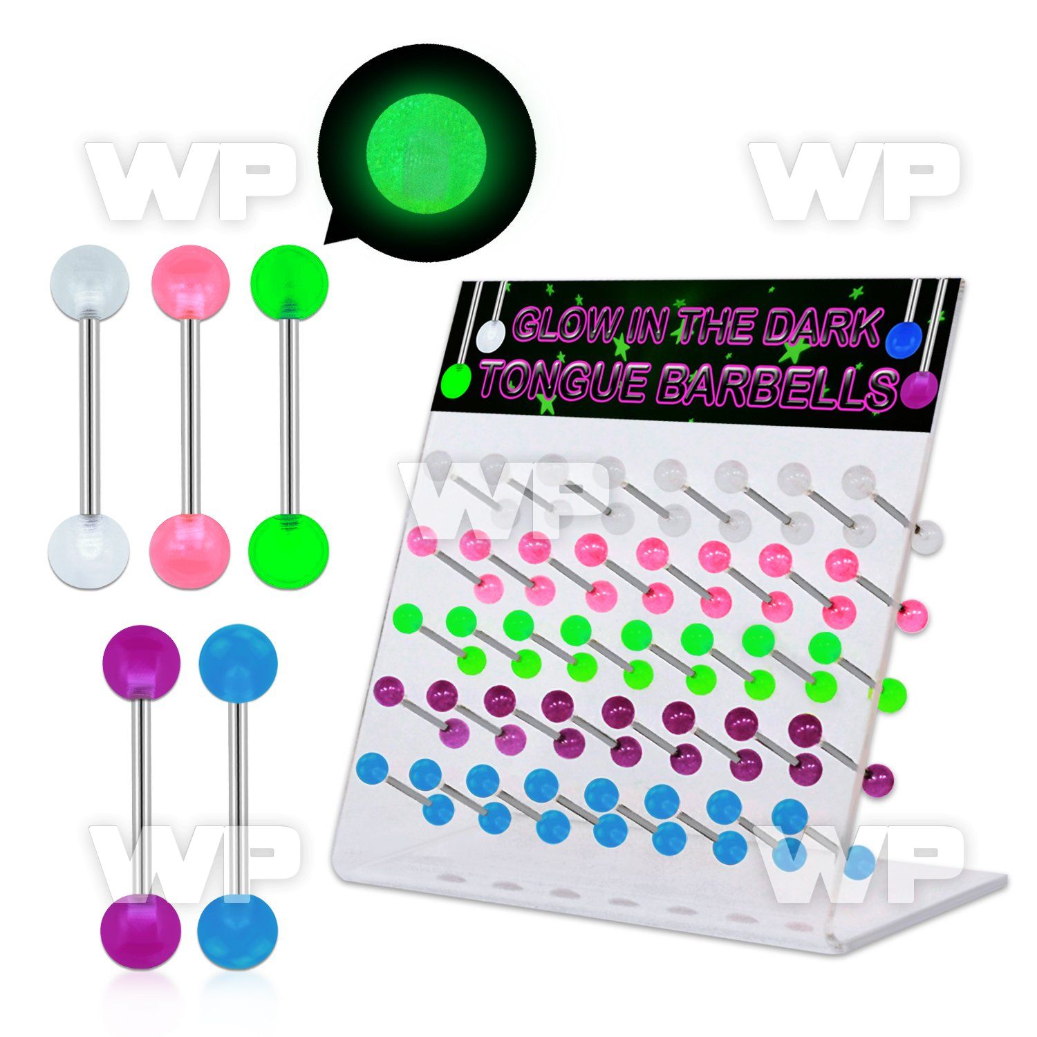 1764t0 display w surgical steel tongue bars 1 6mm 6mm acrylic tongue piercing