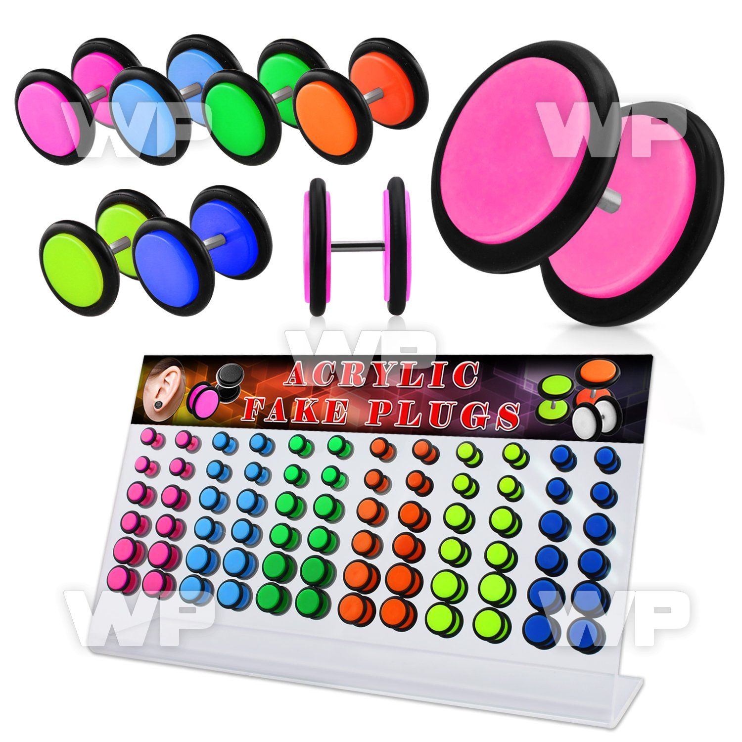 1764t94 display w mixed color acrylic uv fake cheater plugs o rin belly piercing