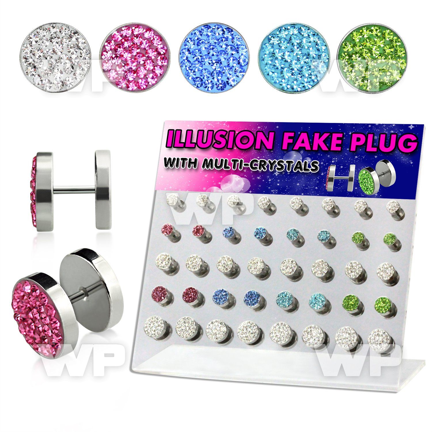 1764tk display w of multi crystal steel fake plugs plain flat belly piercing