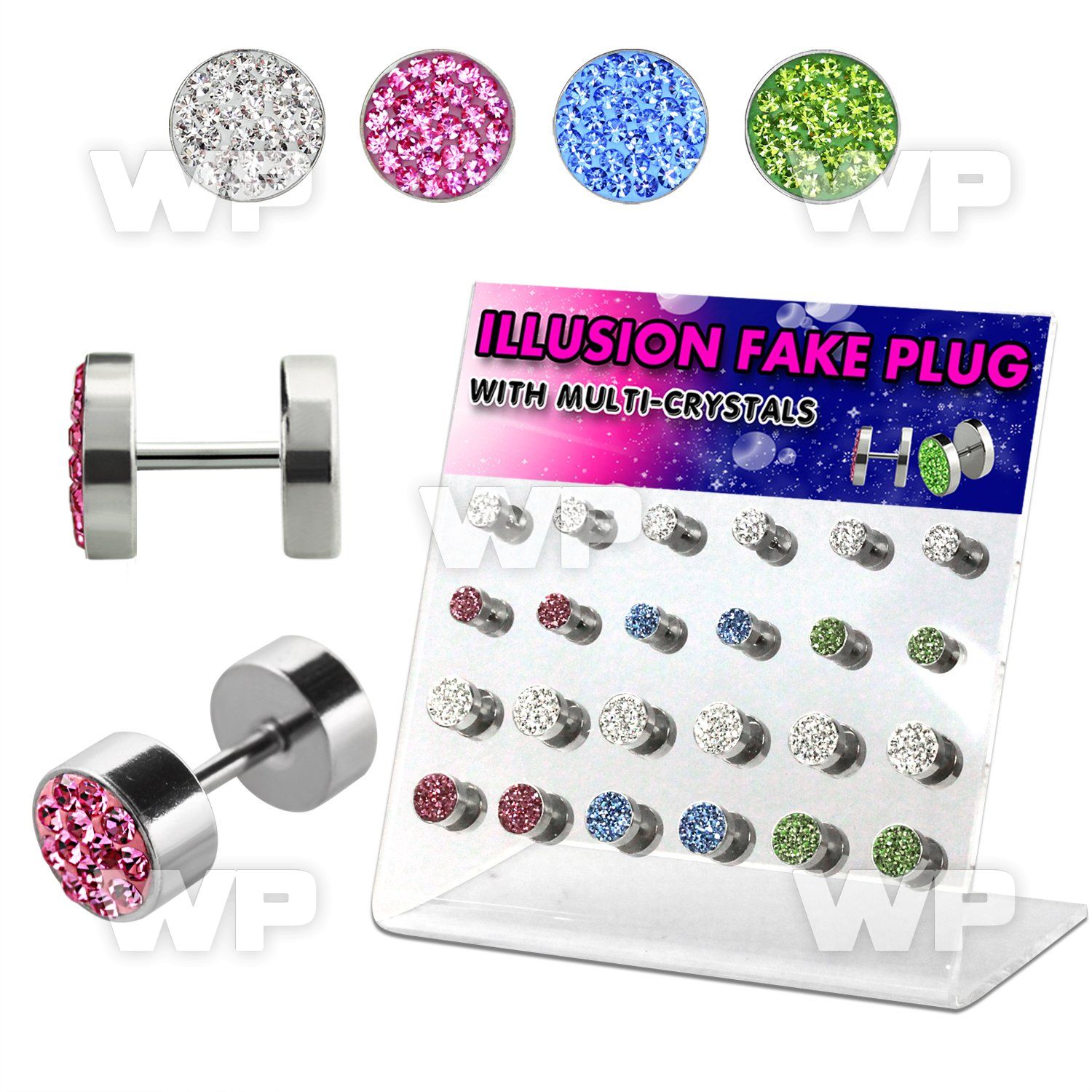 1764tz display w multi crystal steel fake plugs plain flat back belly piercing