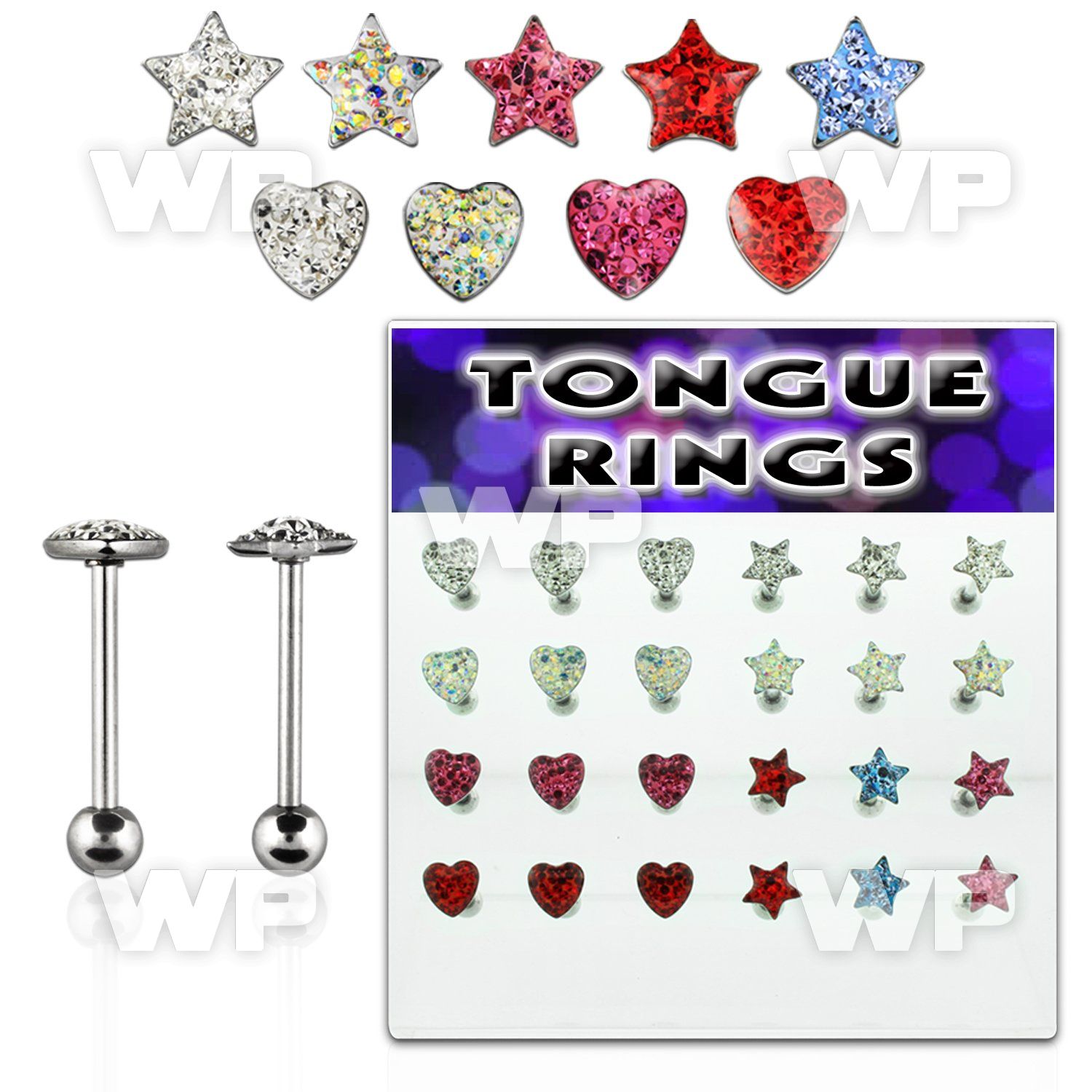 1764zy display w surgical steel tongue bars 1 6mm heart star tongue piercing