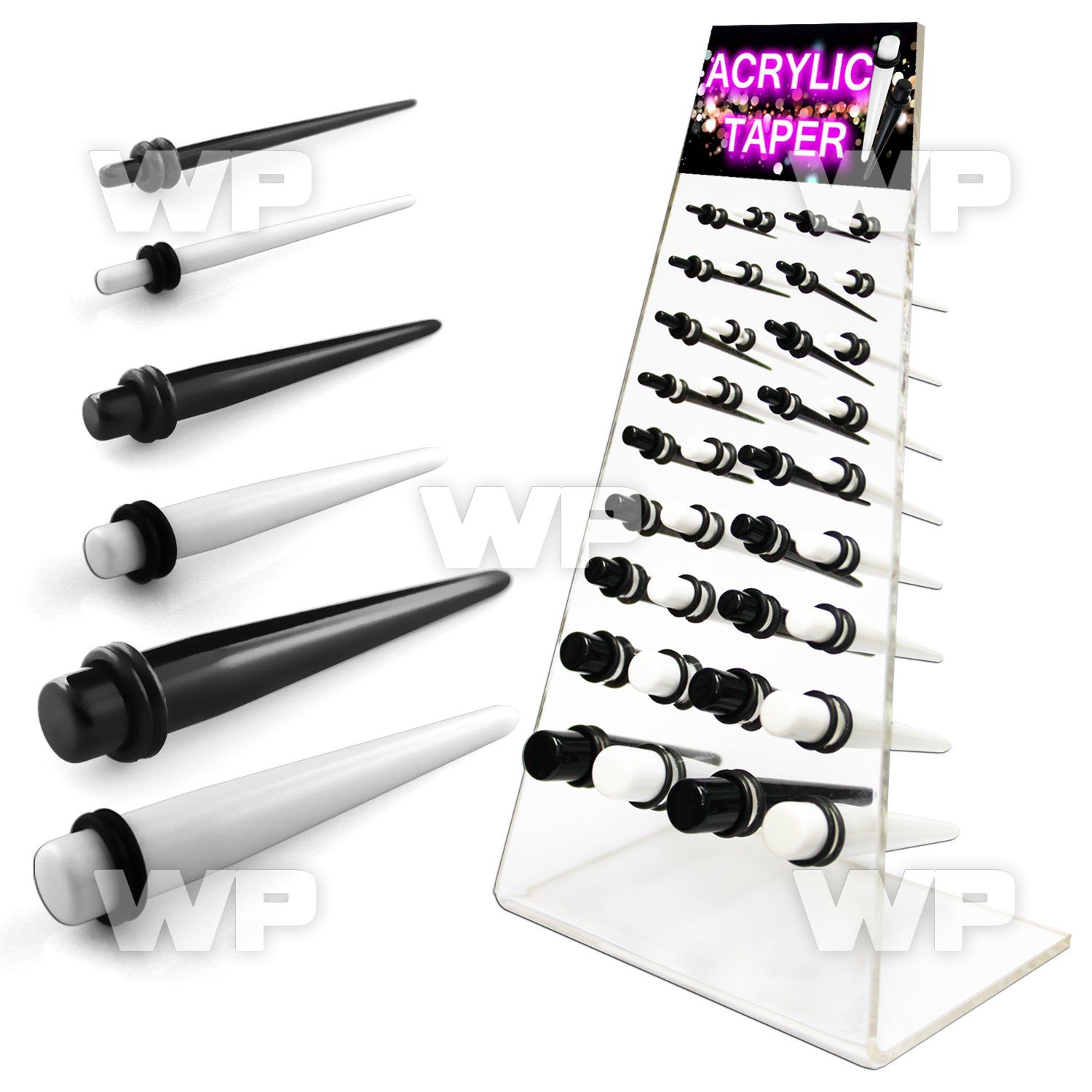 17mi0y6 display w black white acrylic tapers double o ring s ear lobe piercing