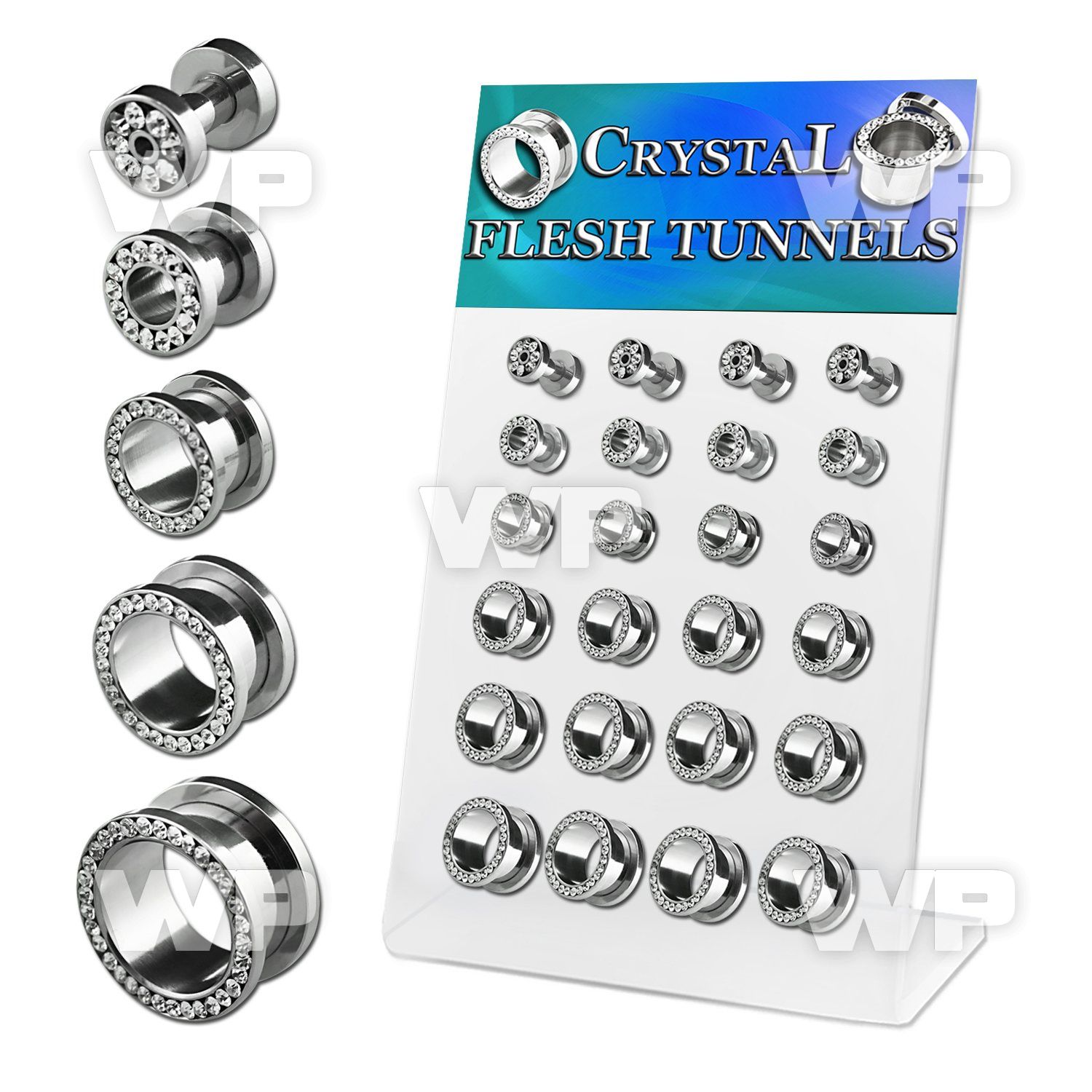 17mi9 display w of surgical steel flesh tunnels clear crystal ear lobe piercing