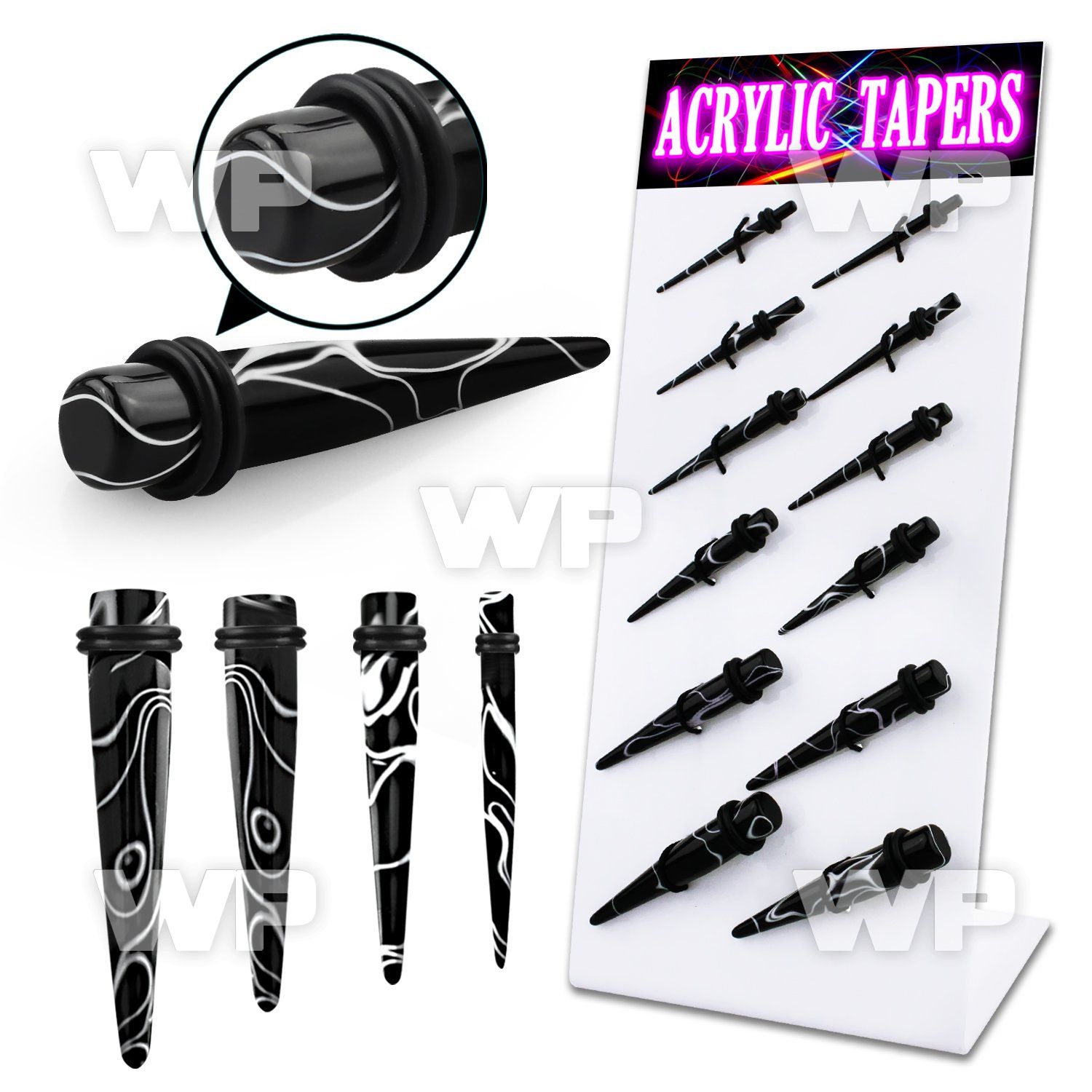 17mi9p display w black acrylic taper white marble swirl pattern ear lobe piercing