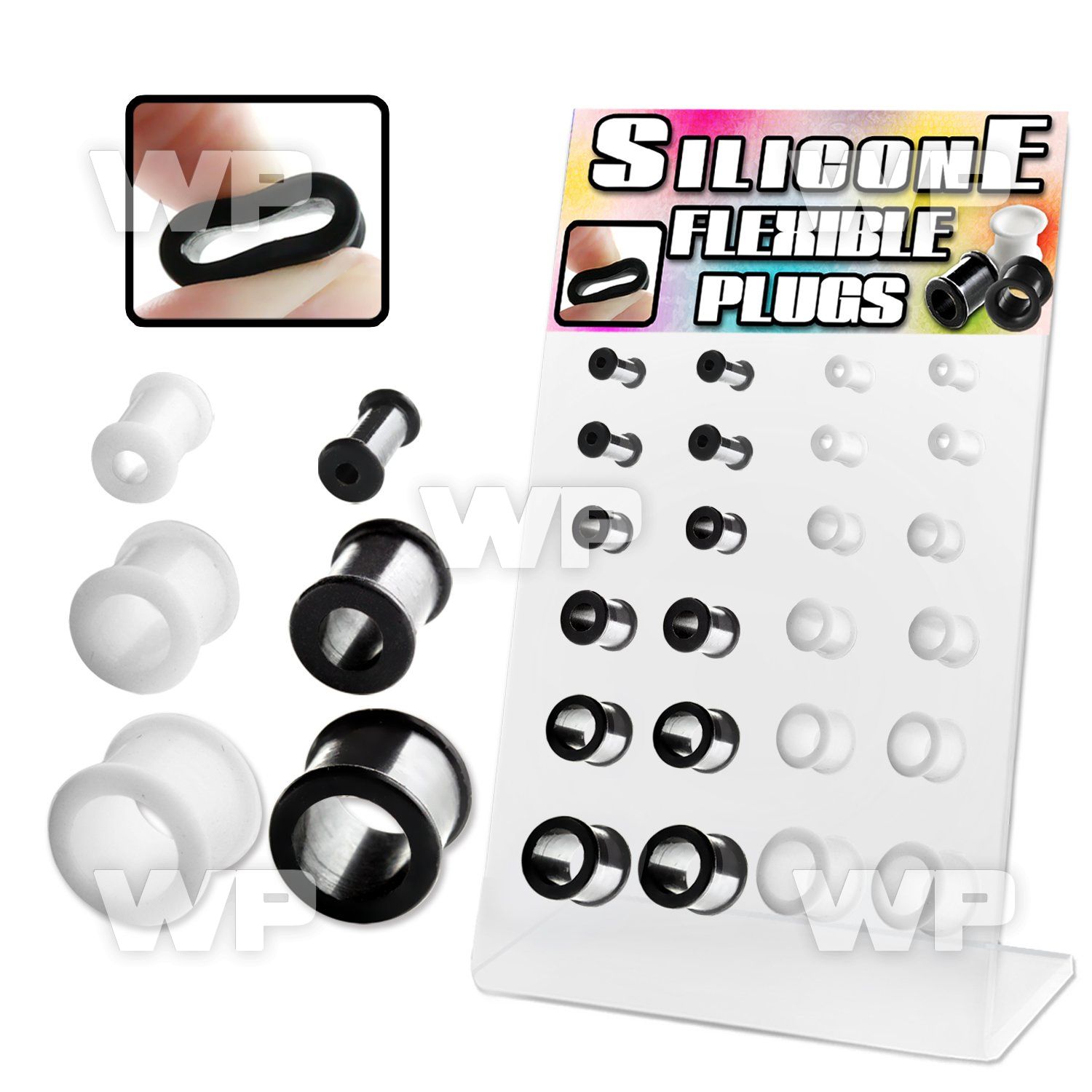 17mie0 display w black white silicon flesh tunnels size 4mm ear lobe piercing