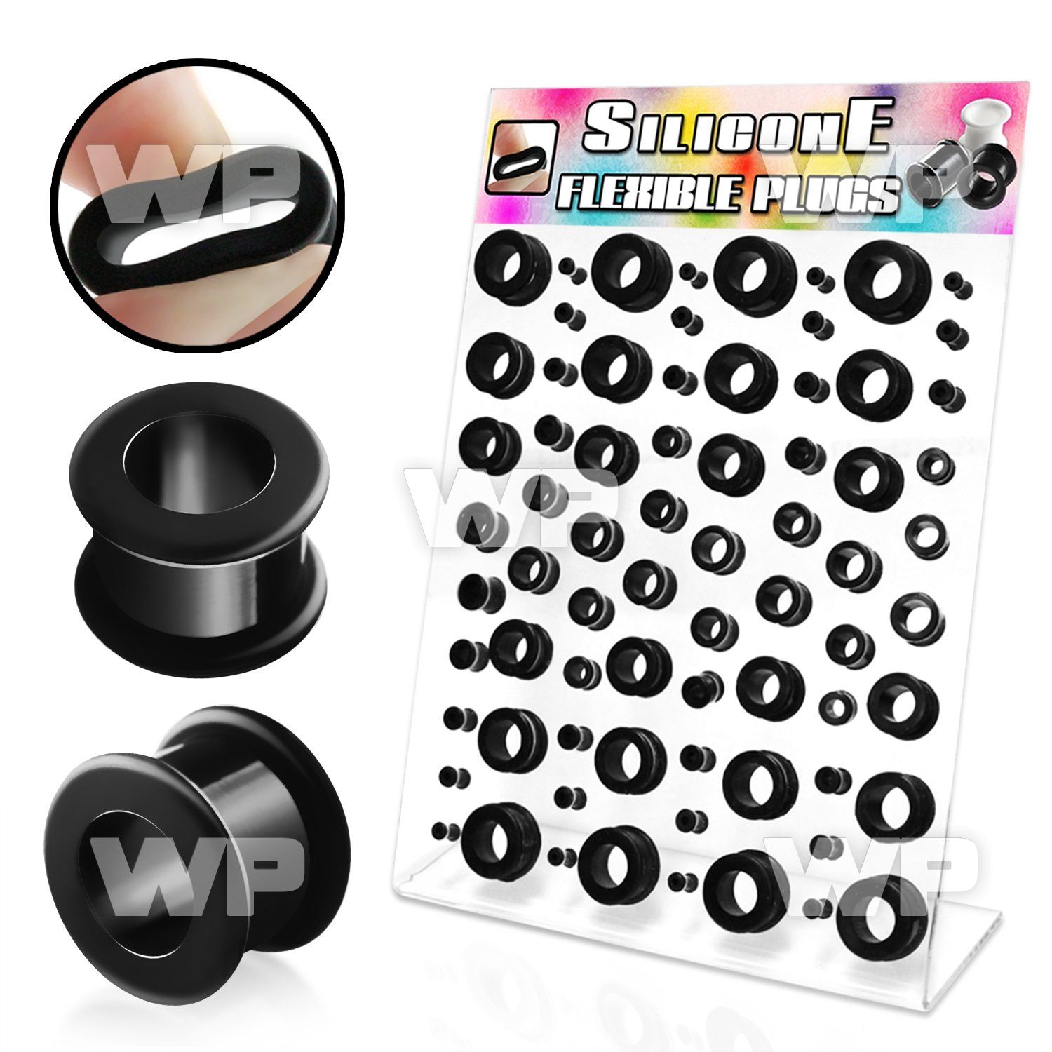 17mike display w of black silicon flesh tunnels size 4mm 18mm ear lobe piercing
