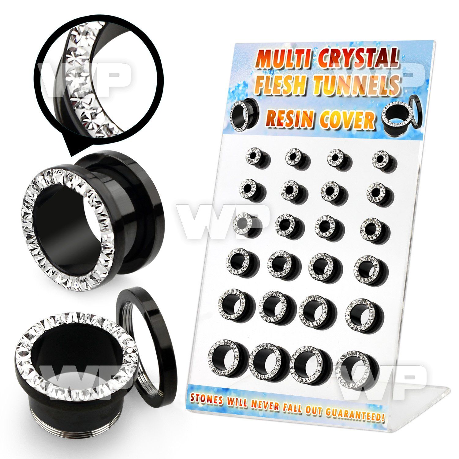 17mil07 display w black ion plated steel flesh tunnel ferido glue ear lobe piercing
