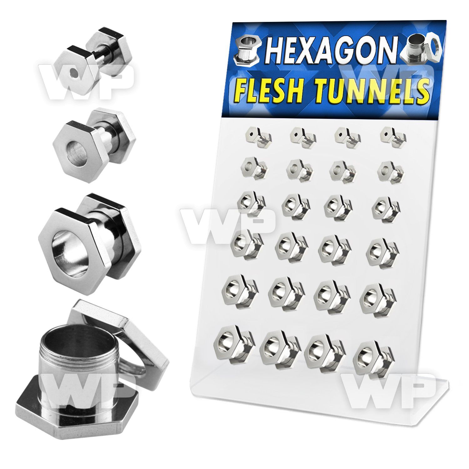 17mit display w of surgical steel hexagon shaped screw fit fles ear lobe piercing