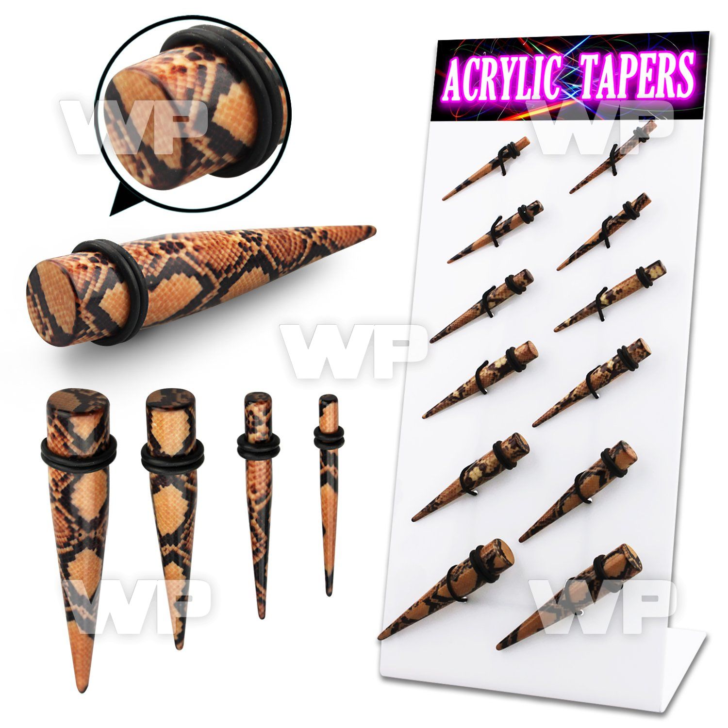 17mitt display w black acrylic tapers hot printed snake skin pat ear lobe piercing