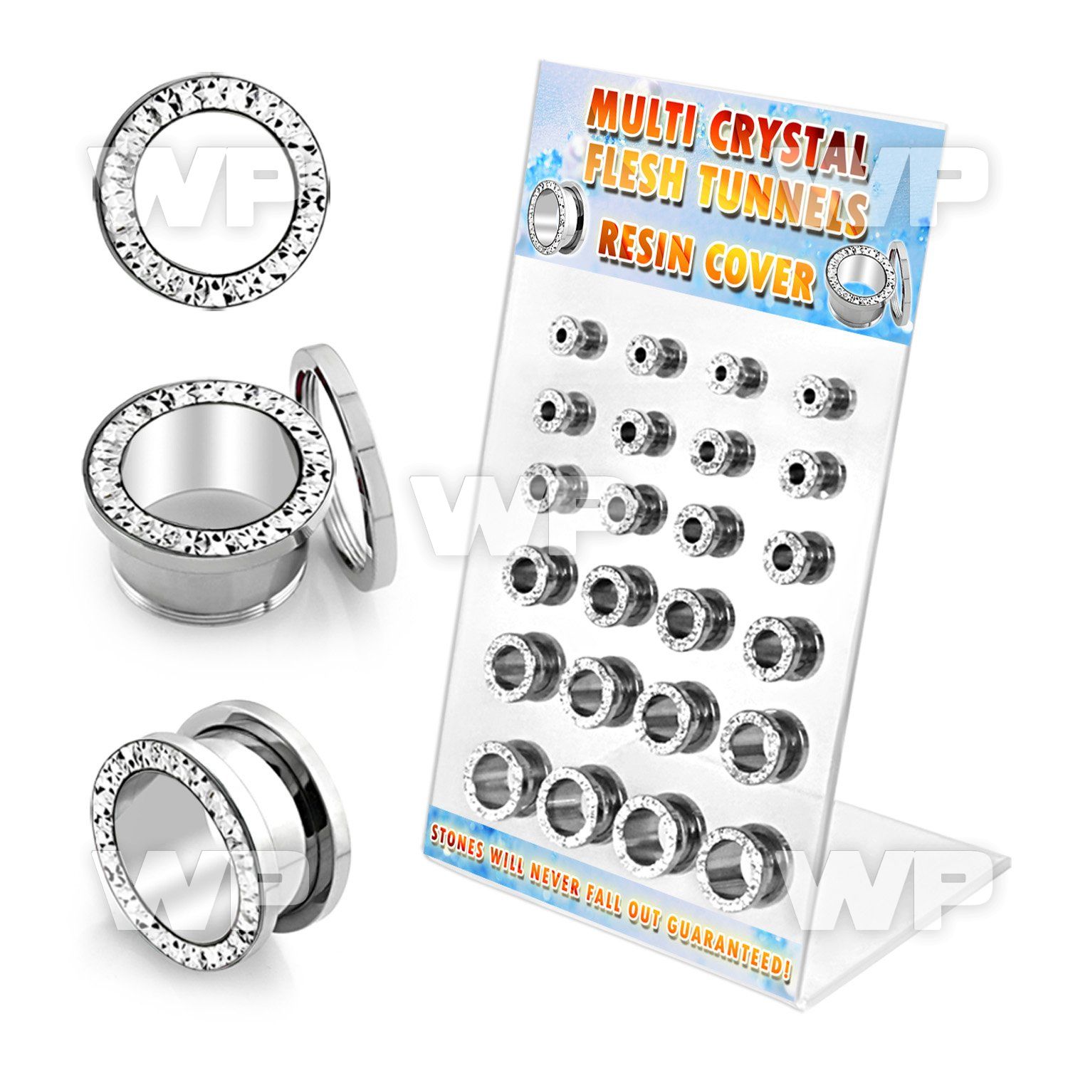 17miy07 display w surgical steel flesh tunnel ferido glued clear ear lobe piercing