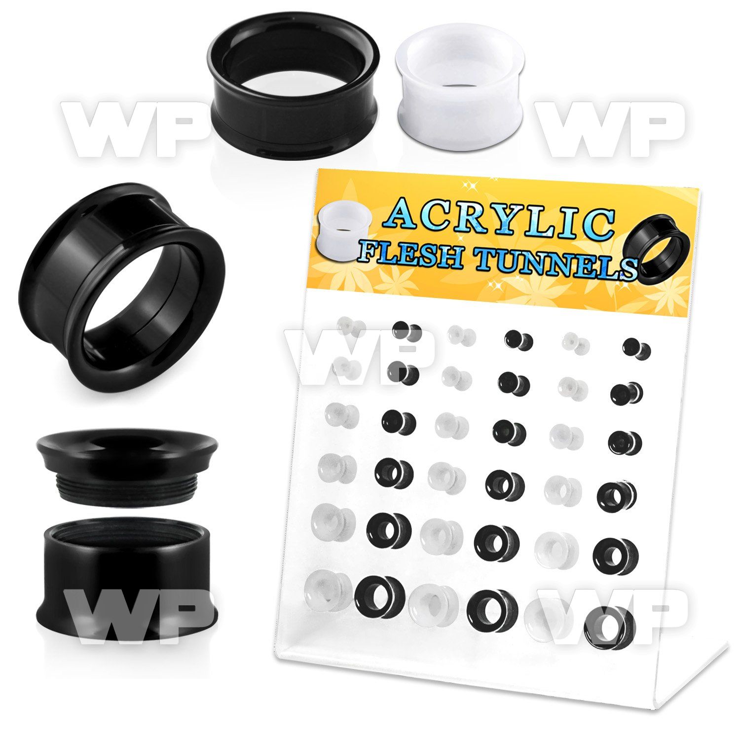 17miyt7 display w black white double flare acrylic flesh tunnel ear lobe piercing