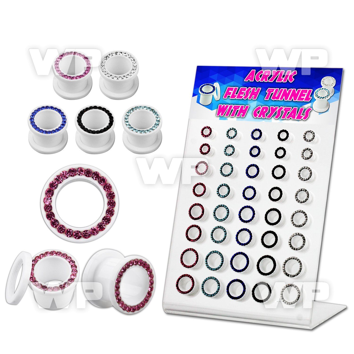 17miz0 display w of white acrylic screw fit flesh tunnel crystal ear lobe piercing