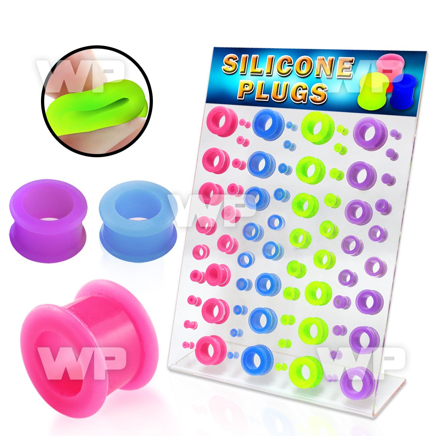 17mizz display w of silicone flesh tunnels in neon colors size ear lobe piercing