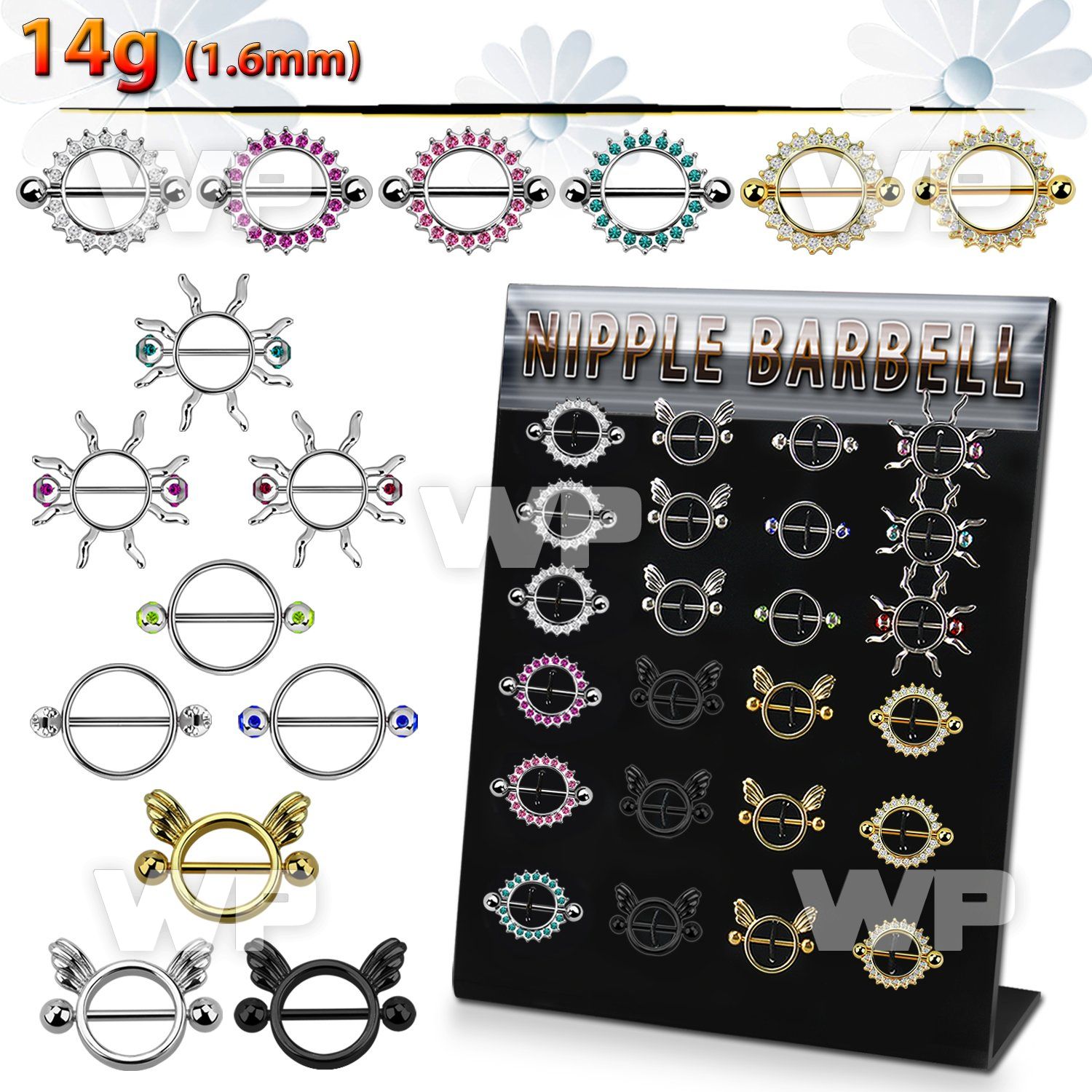 17ume display w assorted nipple shields 316l barbells 1 6mm nipple piercing