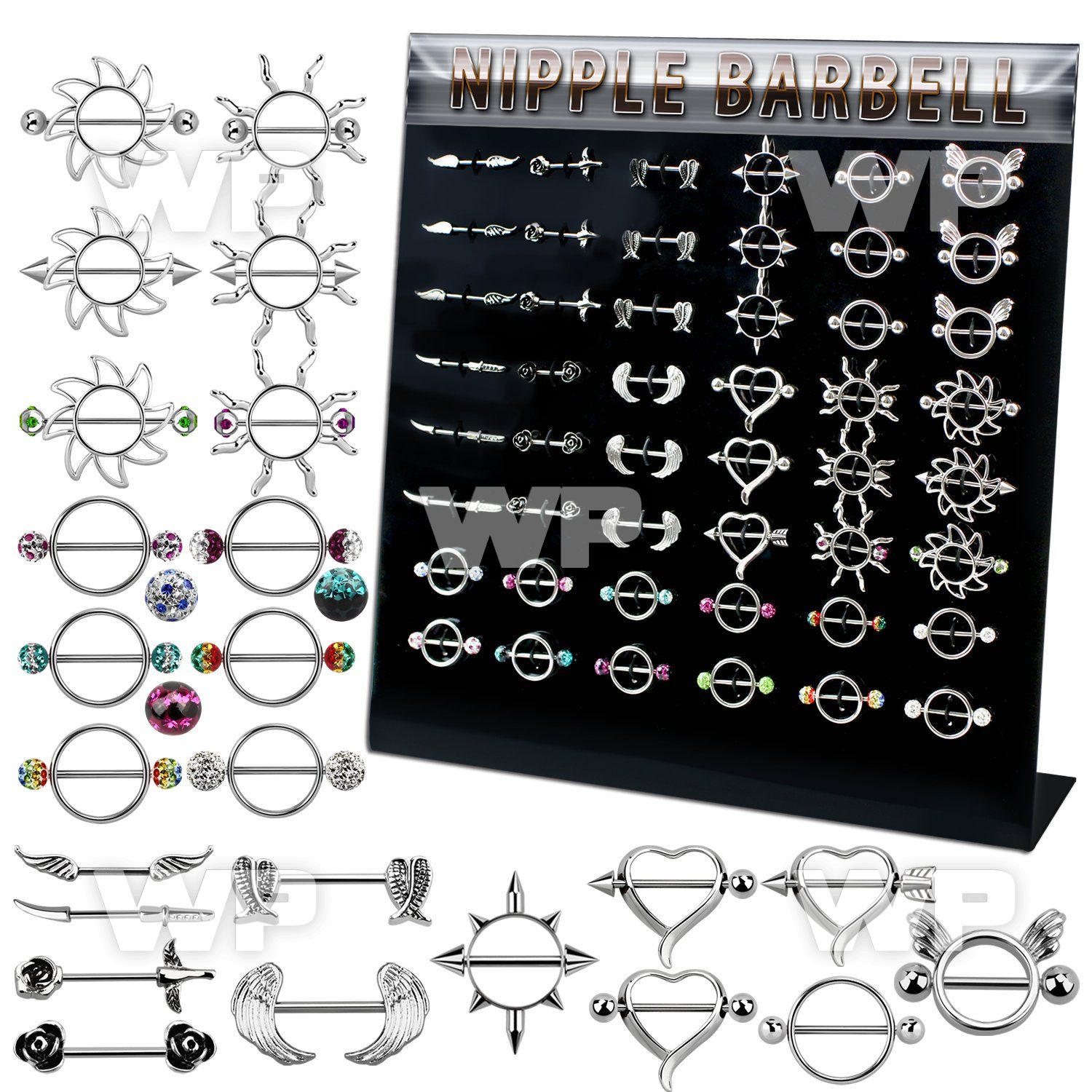 17umz display with assorted nipple shields nipple barbells nipple piercing
