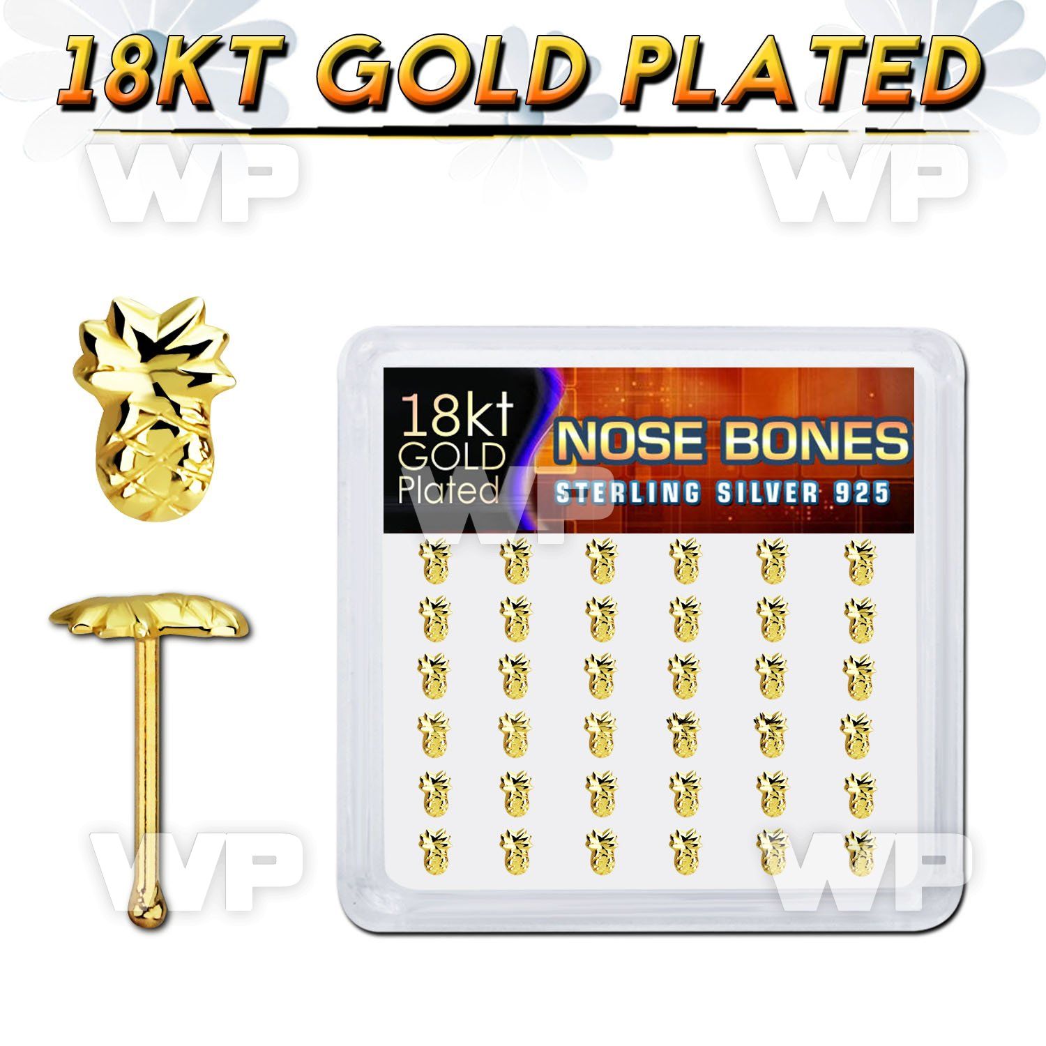 18bvpa36 box w silver nose bone 18k gold plating pineapple top