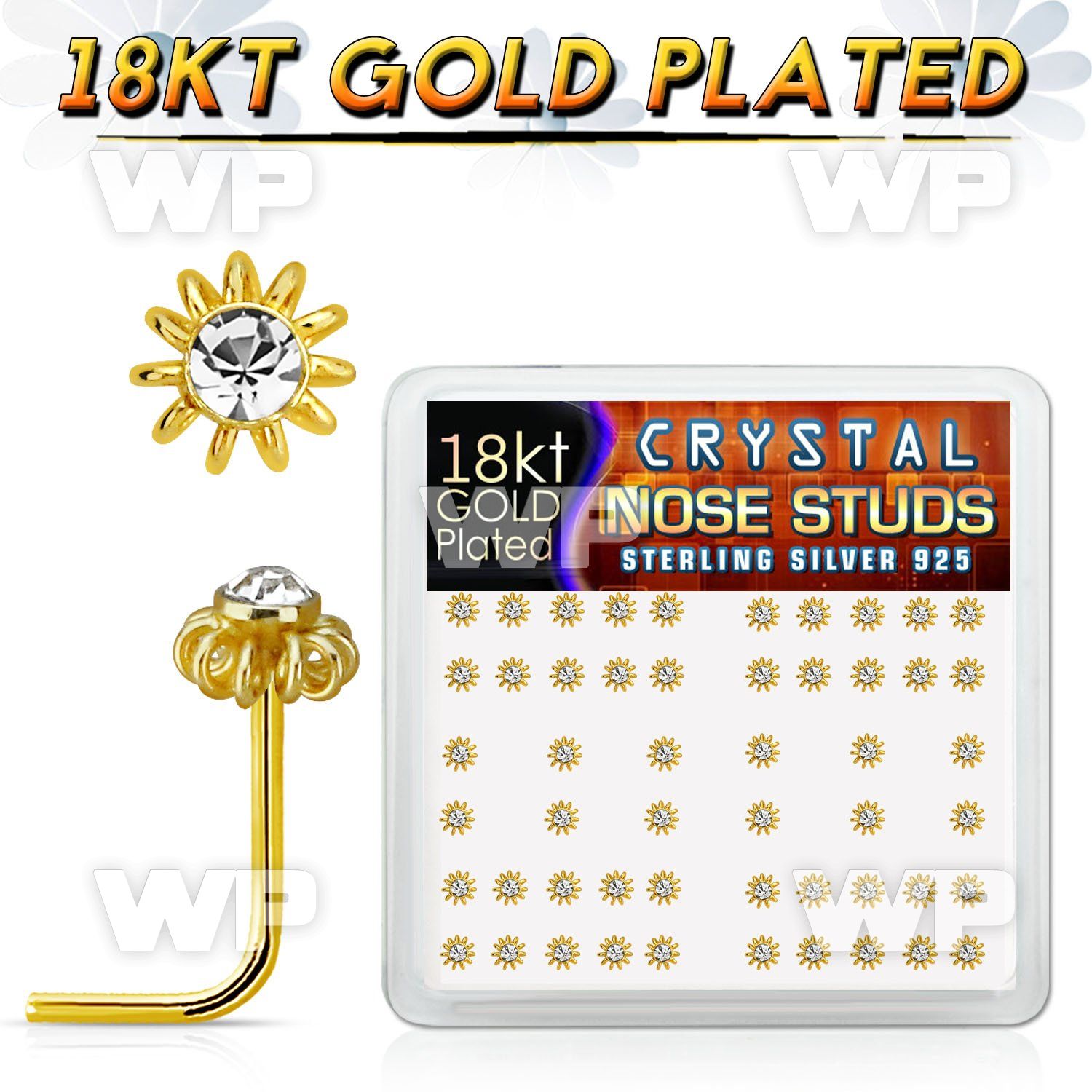 18nsfwxc box w 52 gold plated silver nose studs w wire flower top