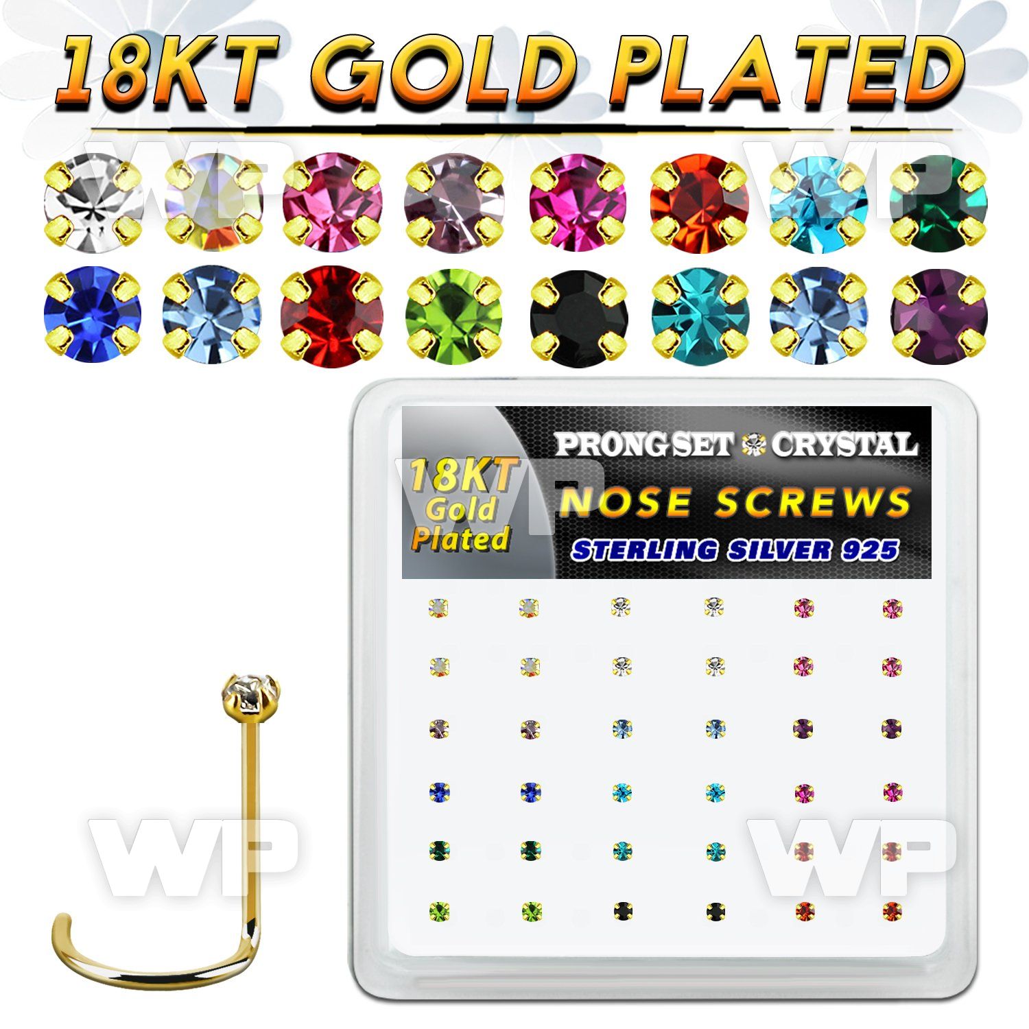 18nwpxm box gold plated silver nose screw set 1.5mm mix crystal